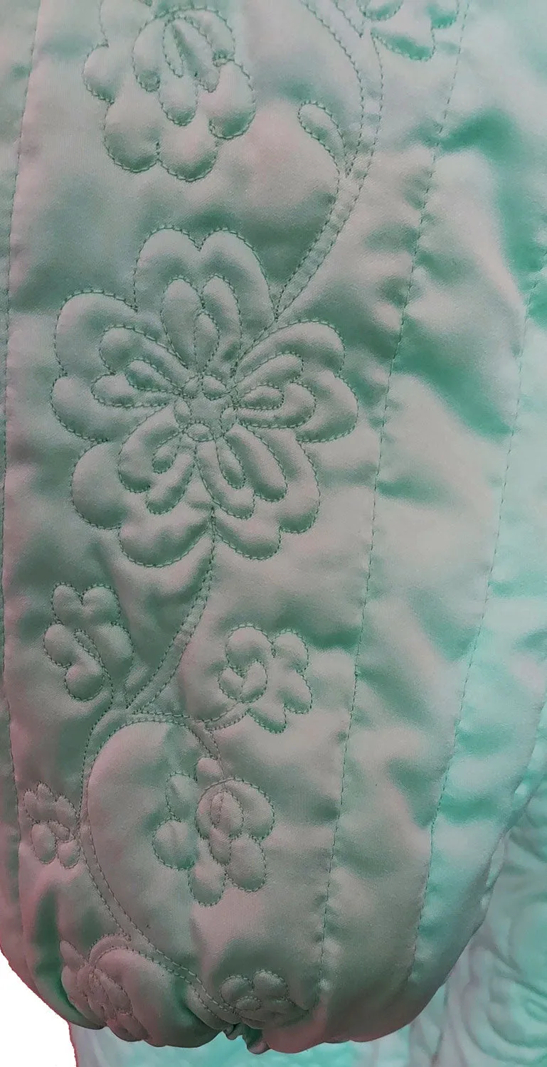 * GLAMOROUS 1960s VINTAGE CYMBAE SCALLOPED SATIN QUILTED ROBE WITH BOW TIE IN GLACIER BLUE FROM HONG KONG