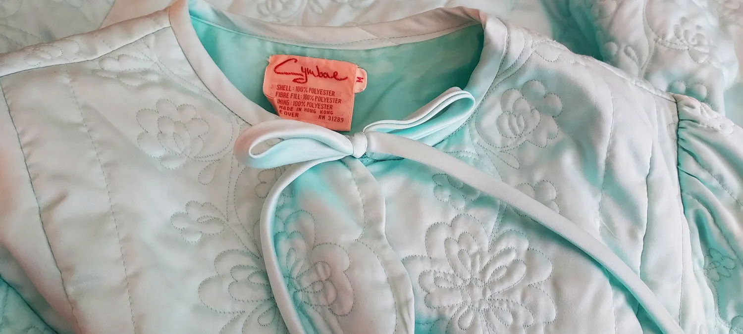 * GLAMOROUS 1960s VINTAGE CYMBAE SCALLOPED SATIN QUILTED ROBE WITH BOW TIE IN GLACIER BLUE FROM HONG KONG