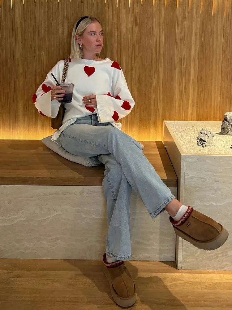 2024 Sweet Heart Women Fashion Cute Vintage Loose Knitted Pullover Knitwear Long Sleeve O-Neck Cozy Sweater