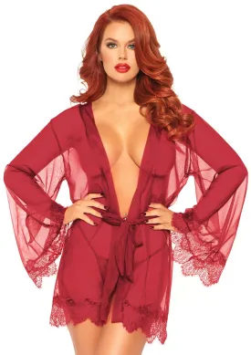 3 Pc Sheer Short Robe With Eyelash Lace Trim and Flared Sleeves - Burgandy - Xl