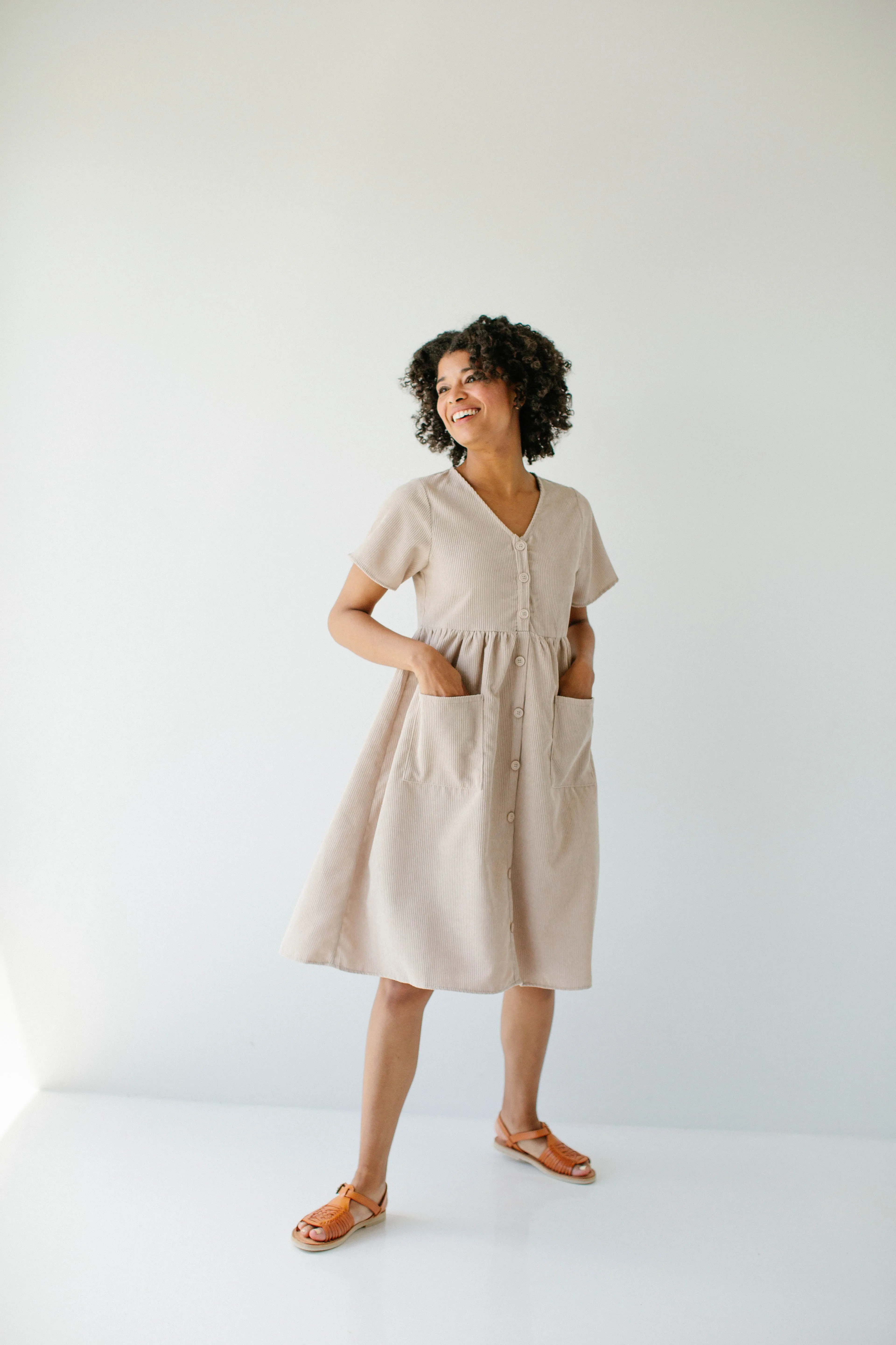 'Adana' V-Neck Button Down Corduroy Midi Dress in Beige