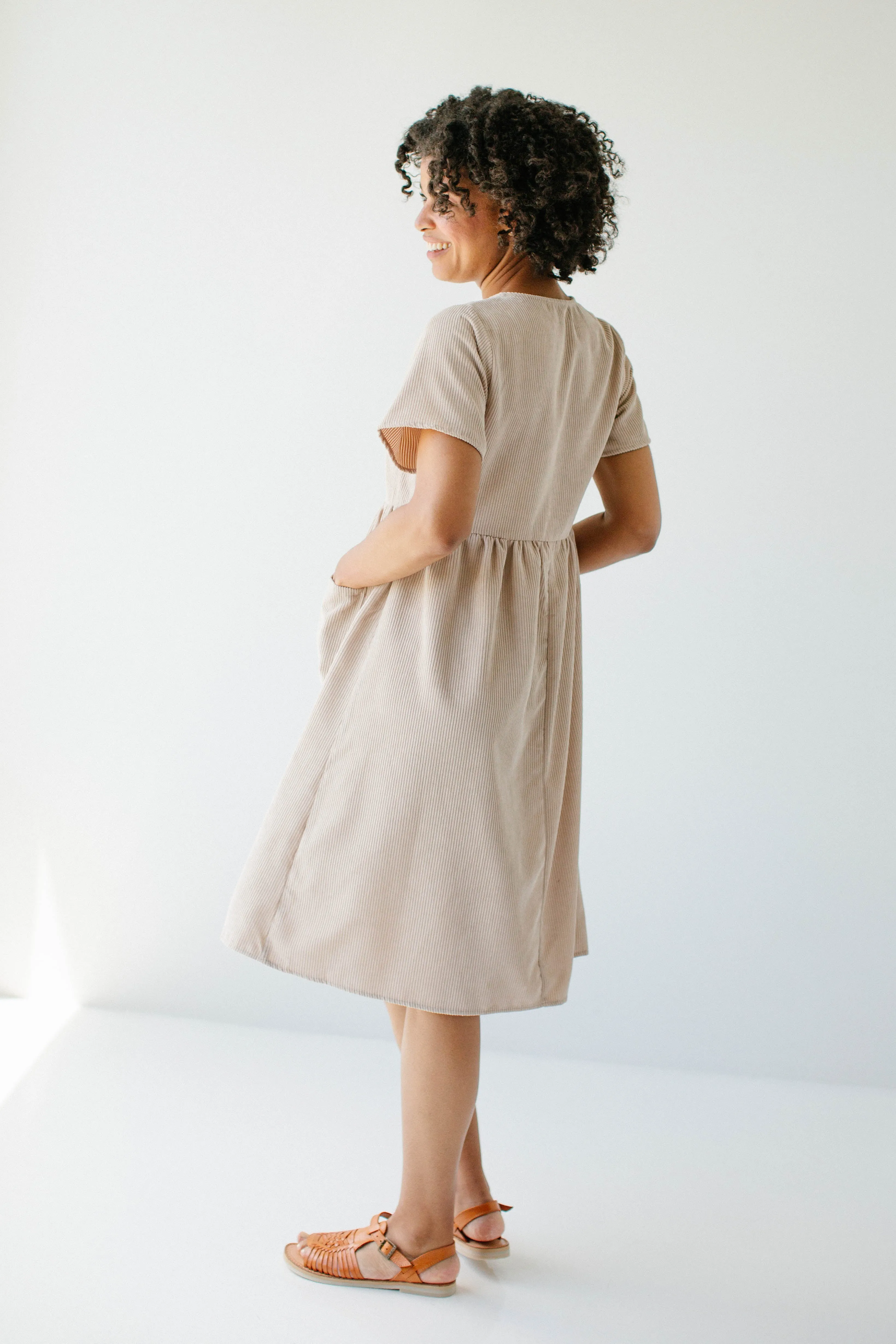 'Adana' V-Neck Button Down Corduroy Midi Dress in Beige