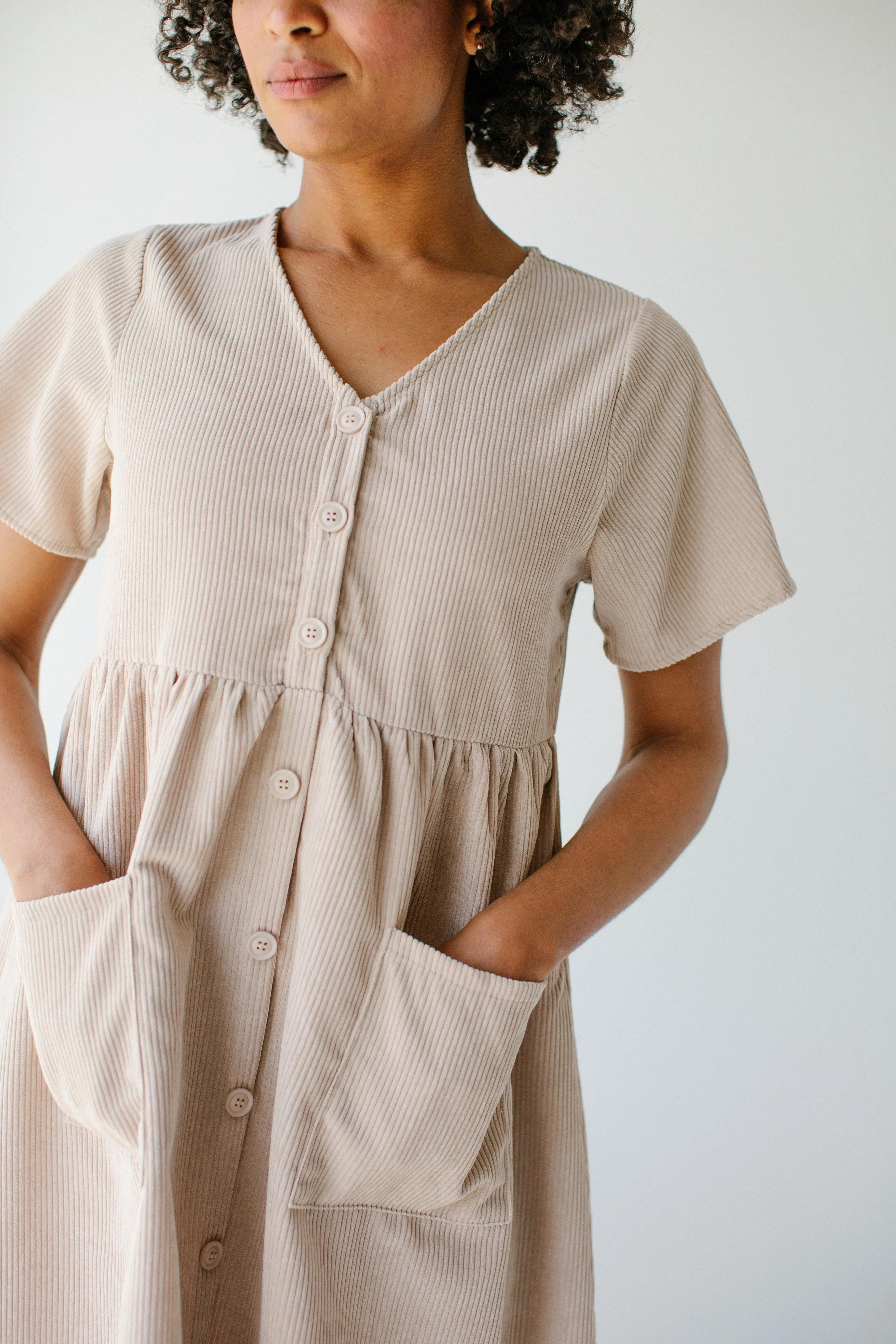 'Adana' V-Neck Button Down Corduroy Midi Dress in Beige