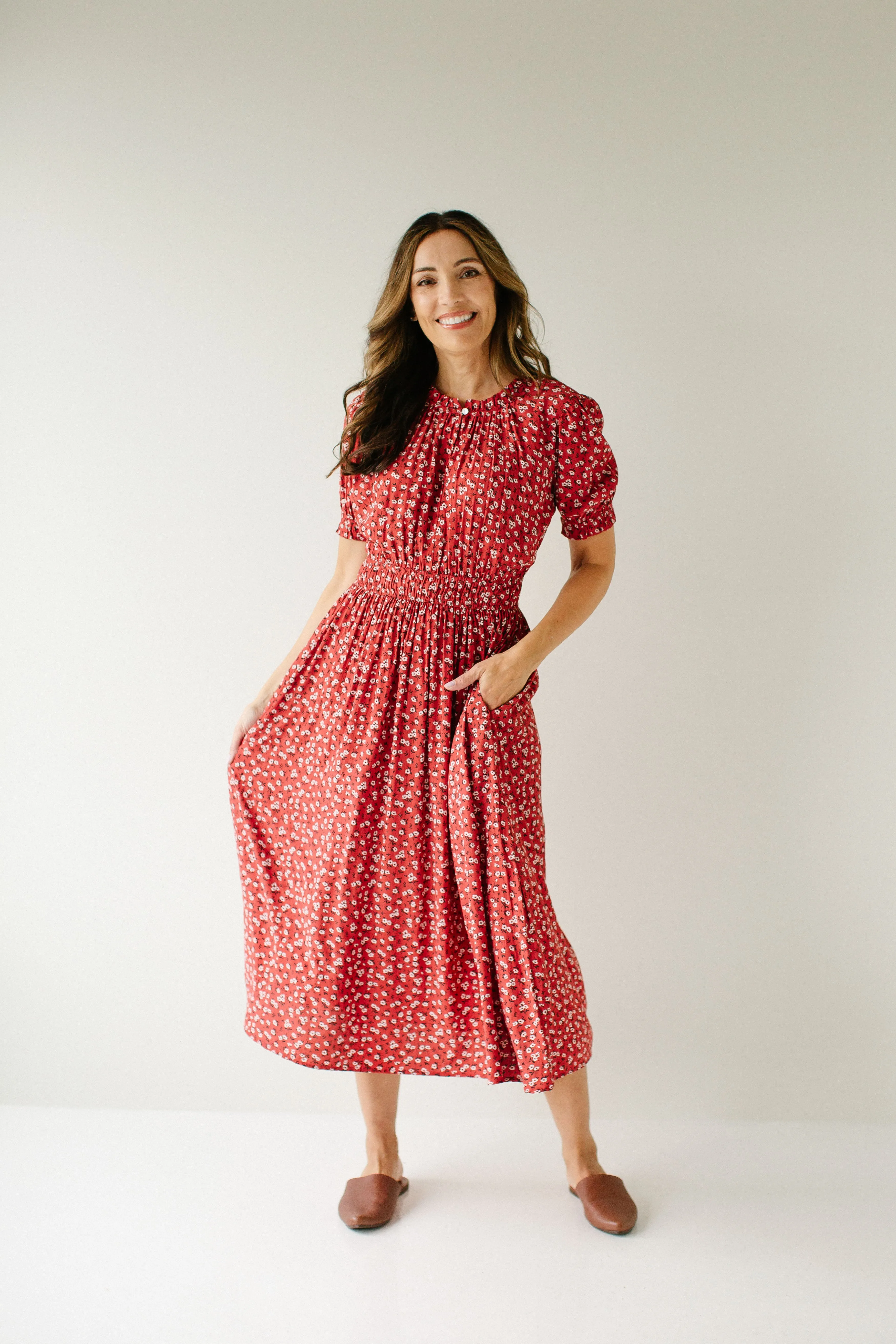 'Allessandra' Ditsy Floral A-Line Midi Dress in Dusty Red
