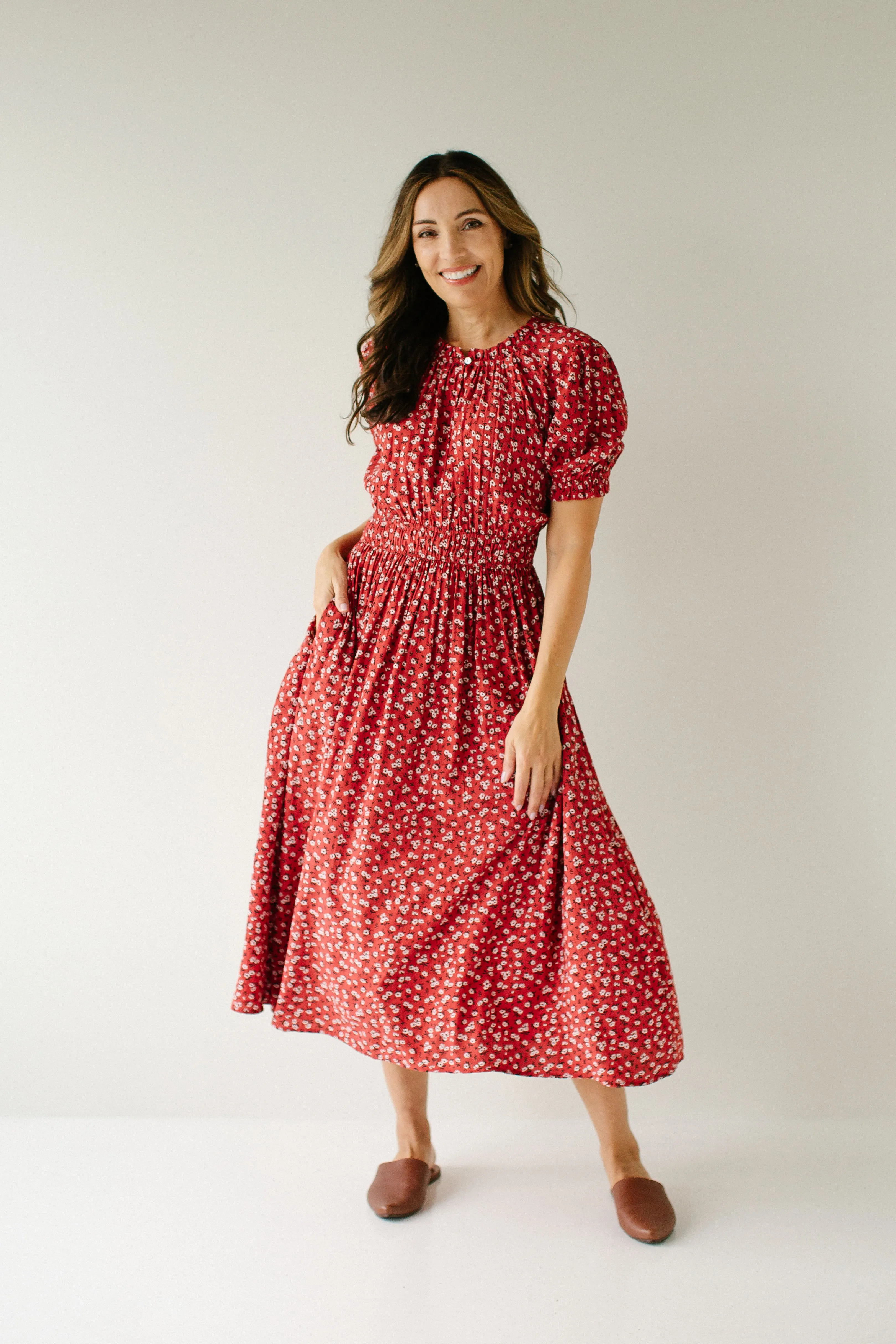 'Allessandra' Ditsy Floral A-Line Midi Dress in Dusty Red