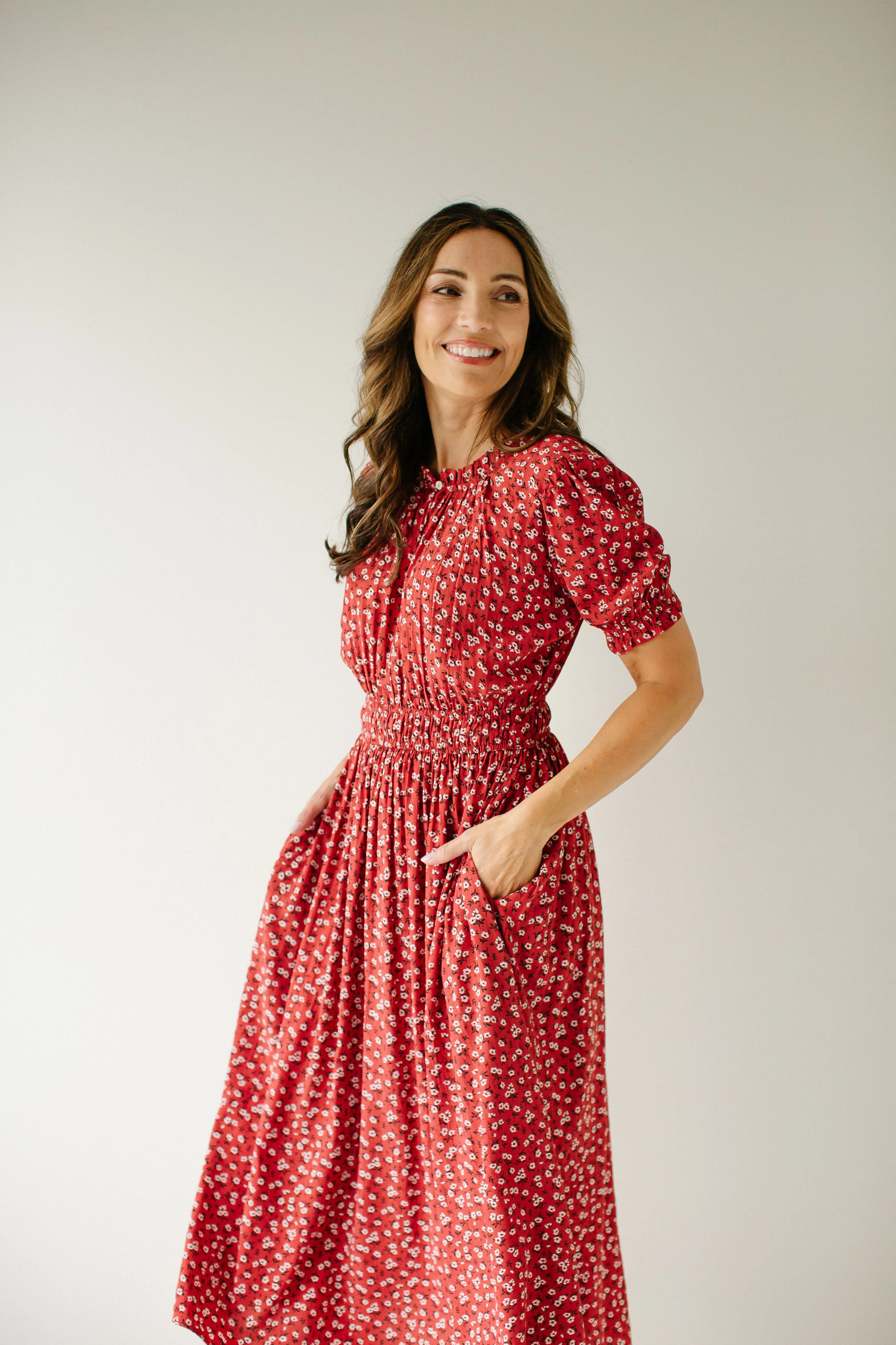 'Allessandra' Ditsy Floral A-Line Midi Dress in Dusty Red