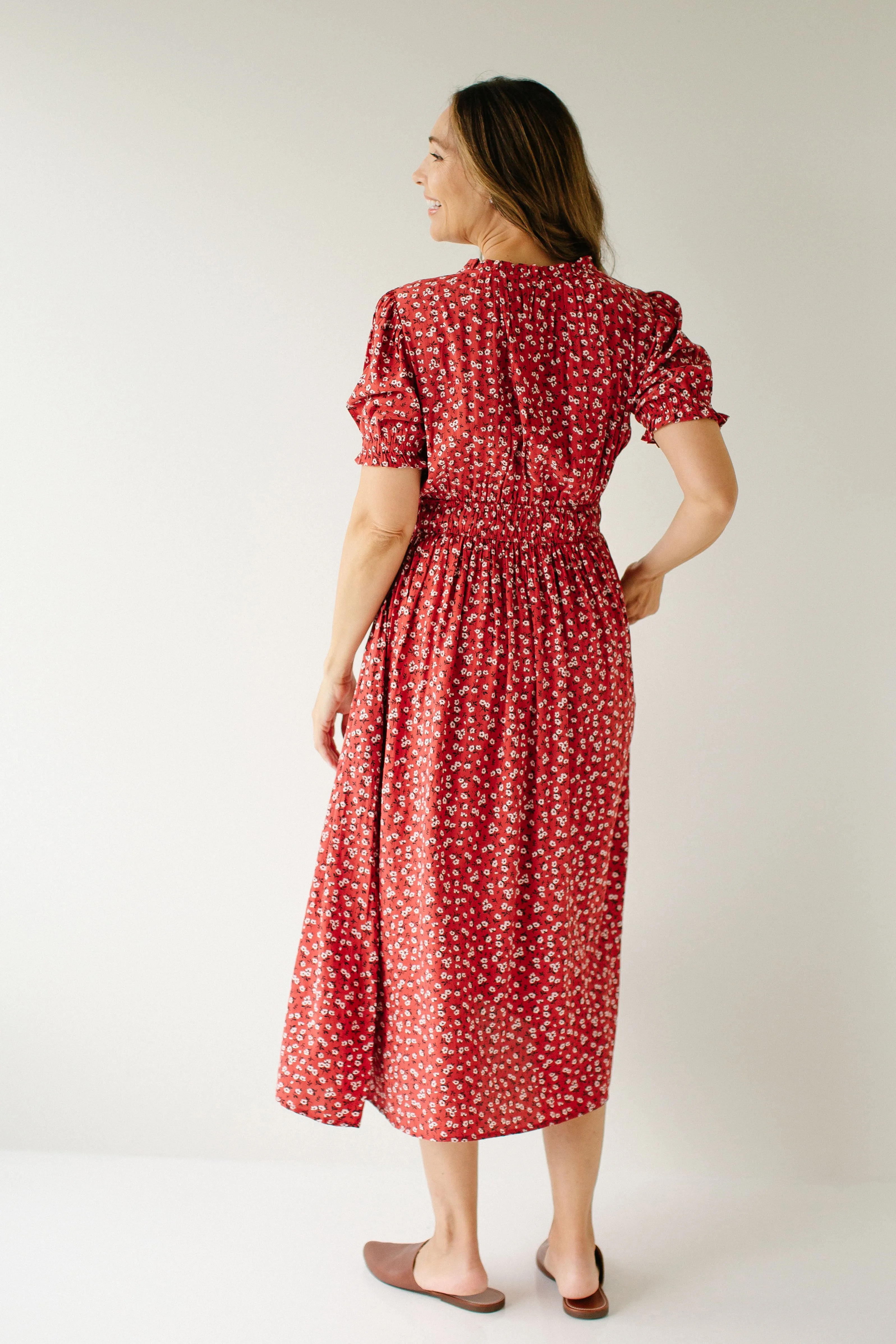 'Allessandra' Ditsy Floral A-Line Midi Dress in Dusty Red