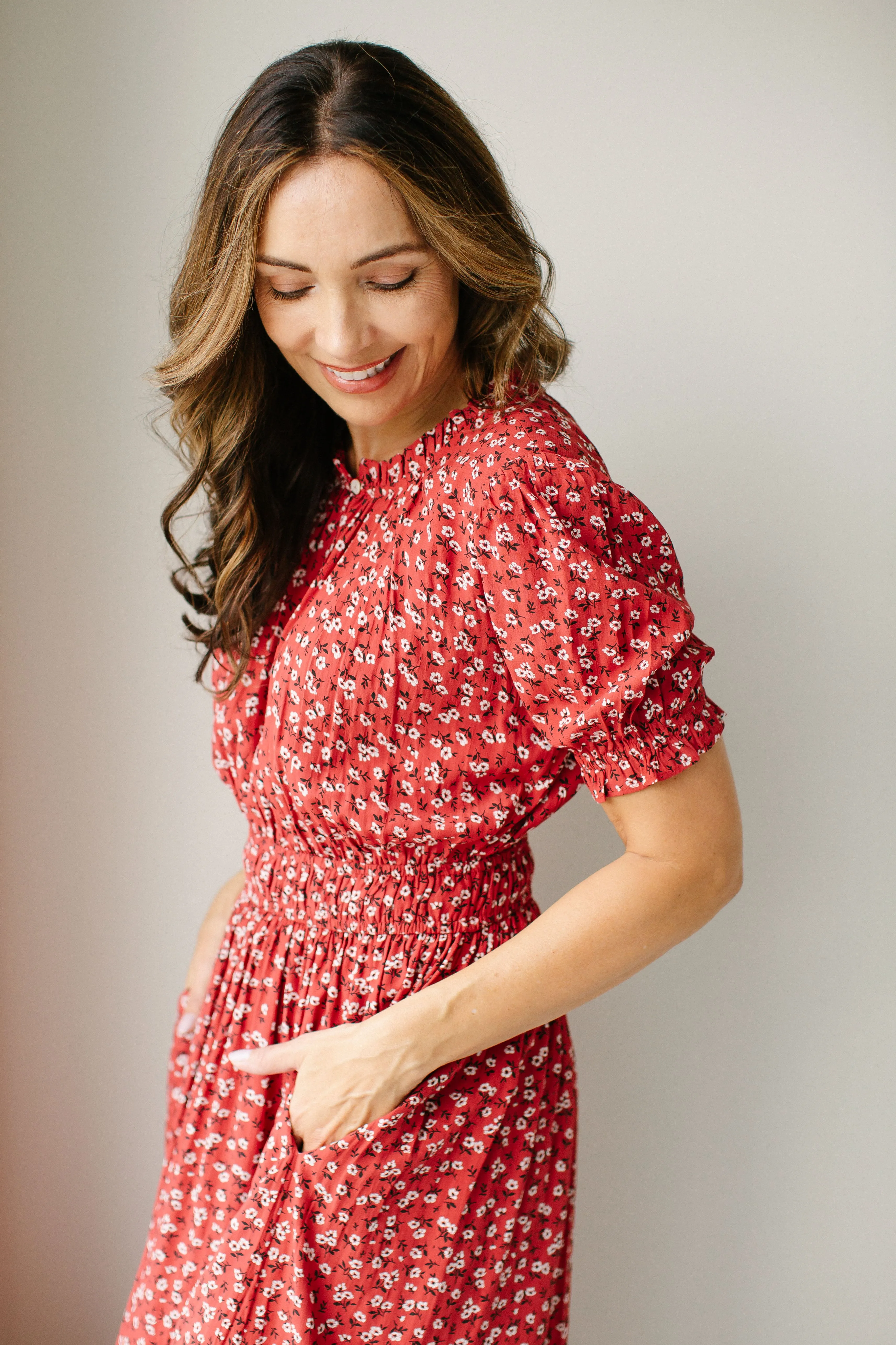 'Allessandra' Ditsy Floral A-Line Midi Dress in Dusty Red