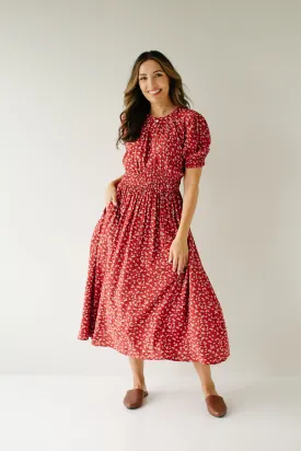 'Allessandra' Ditsy Floral A-Line Midi Dress in Dusty Red