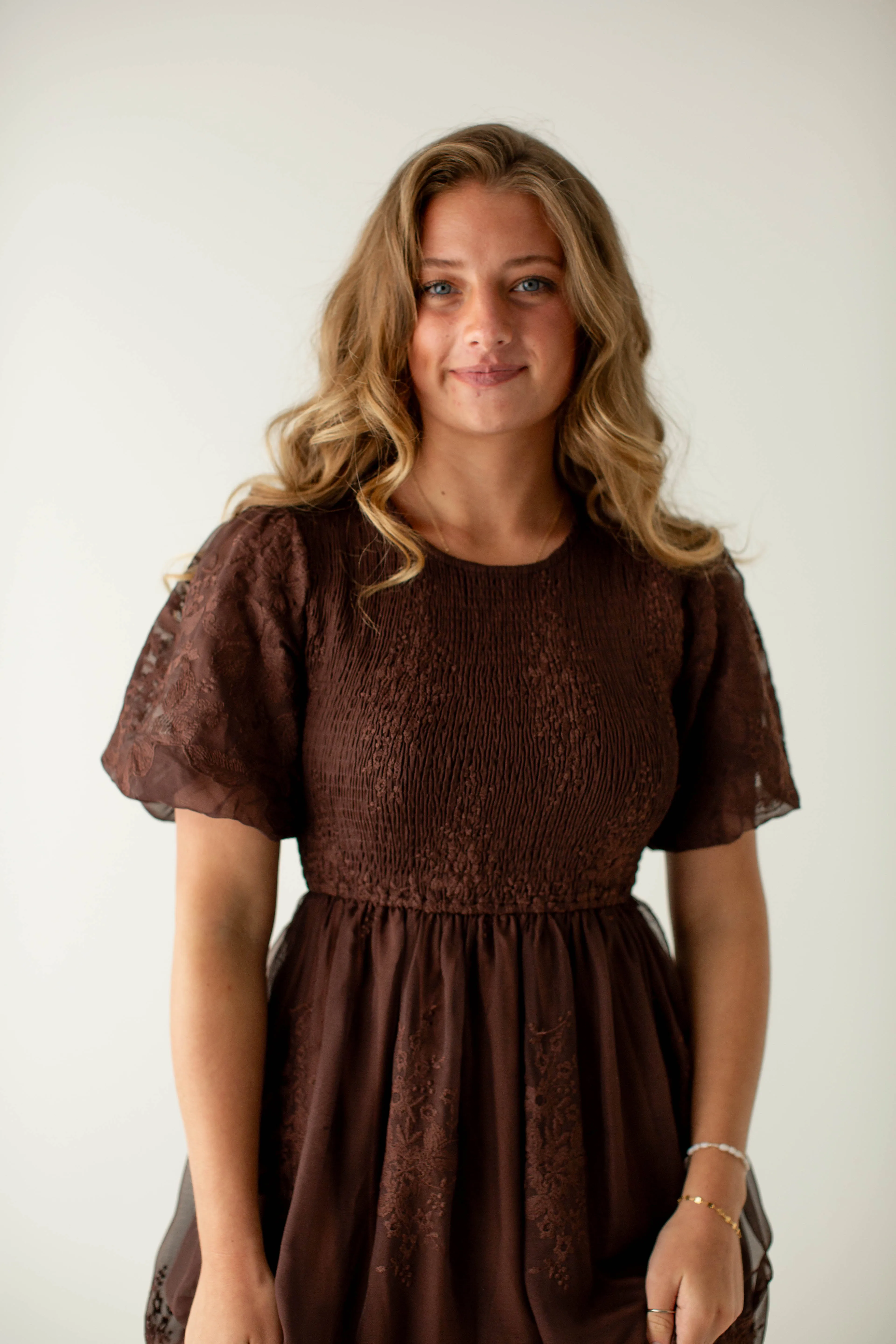 'Alyssa' Smocked Bodice Embroidered Floral Dress in Chocolate
