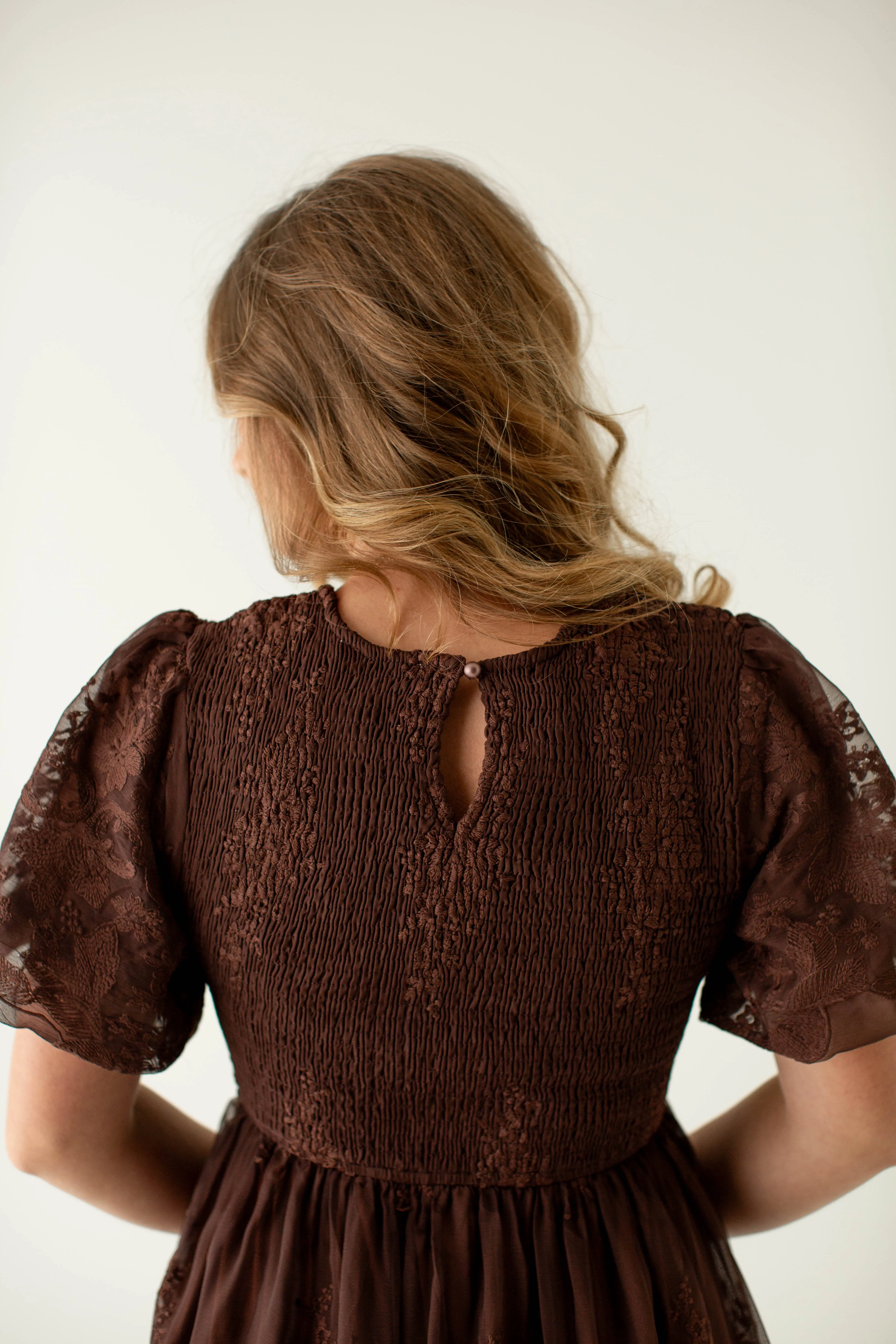 'Alyssa' Smocked Bodice Embroidered Floral Dress in Chocolate
