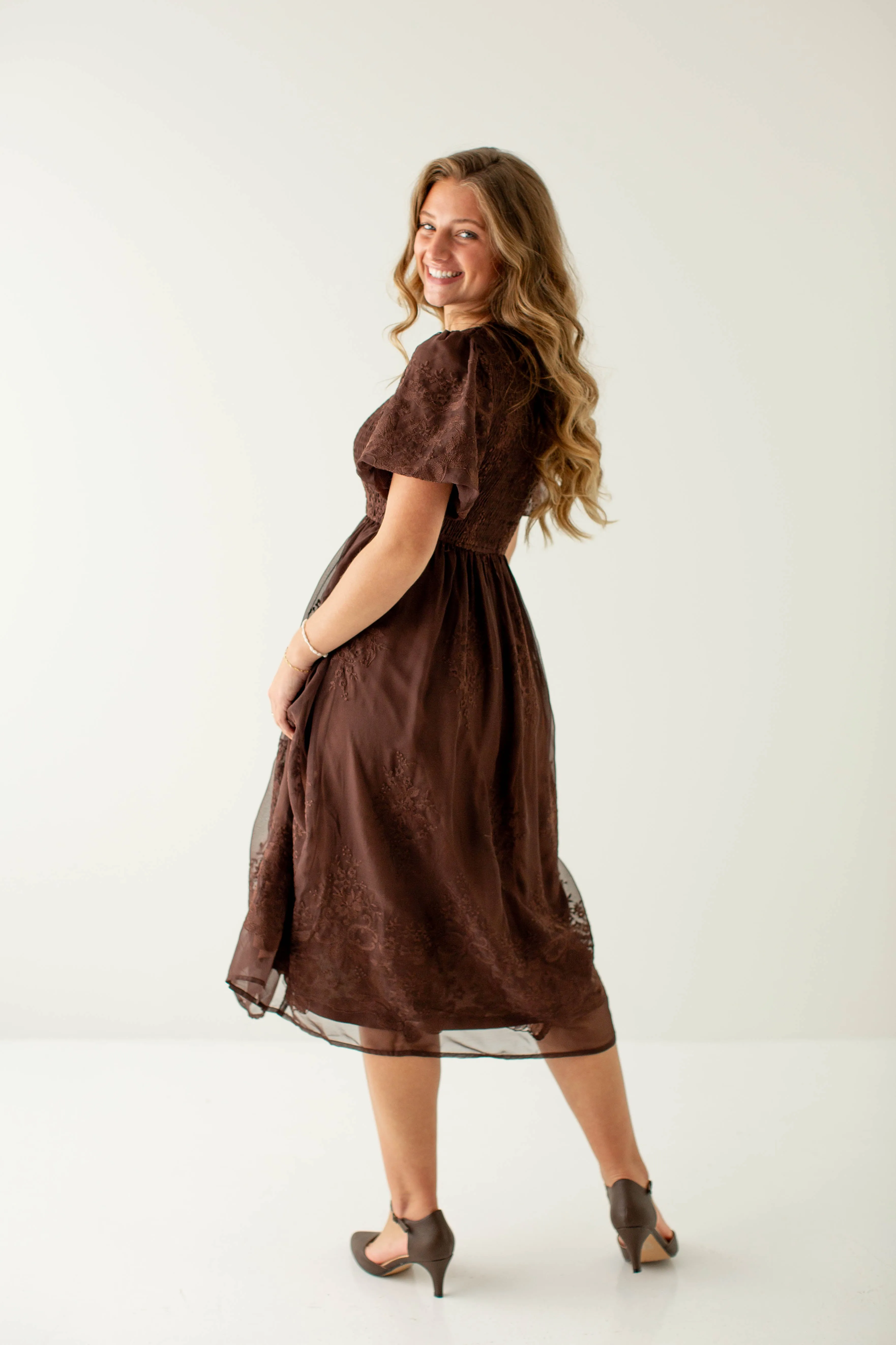 'Alyssa' Smocked Bodice Embroidered Floral Dress in Chocolate