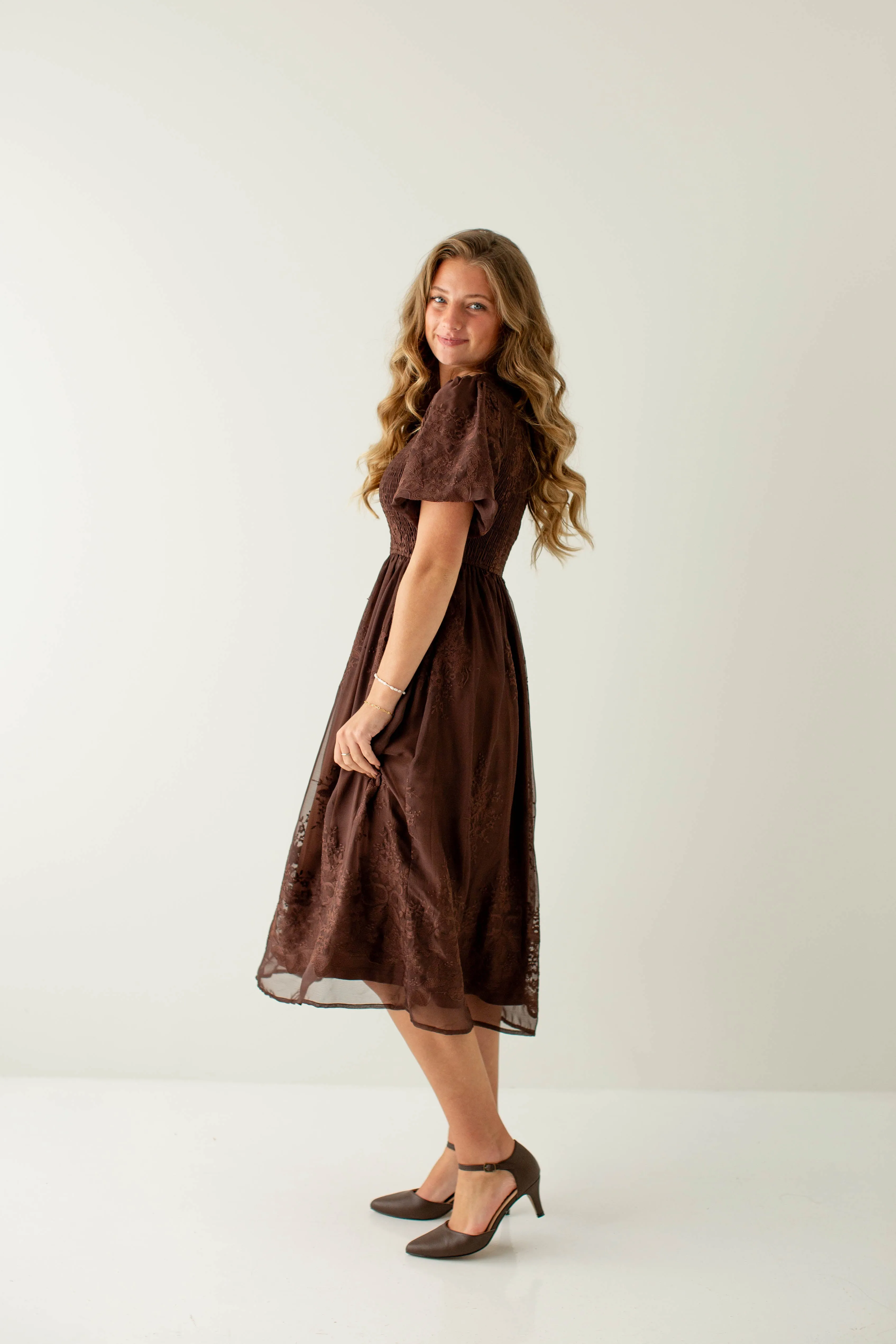 'Alyssa' Smocked Bodice Embroidered Floral Dress in Chocolate