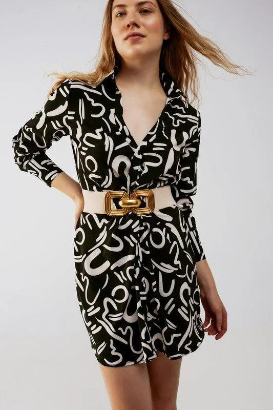 Button Front Mini Shirt Dress In Black