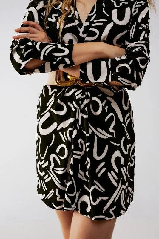 Button Front Mini Shirt Dress In Black