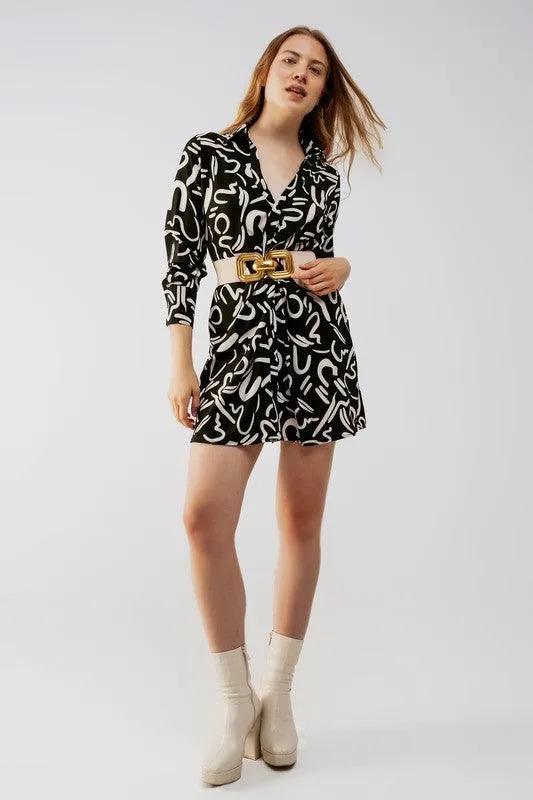 Button Front Mini Shirt Dress In Black