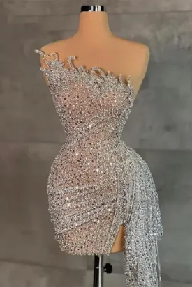 Custom Made Mermaid Silver Beading Sequined Pleated Prom Dresses Miniskirt Short Cocktail Dresses KPP2063