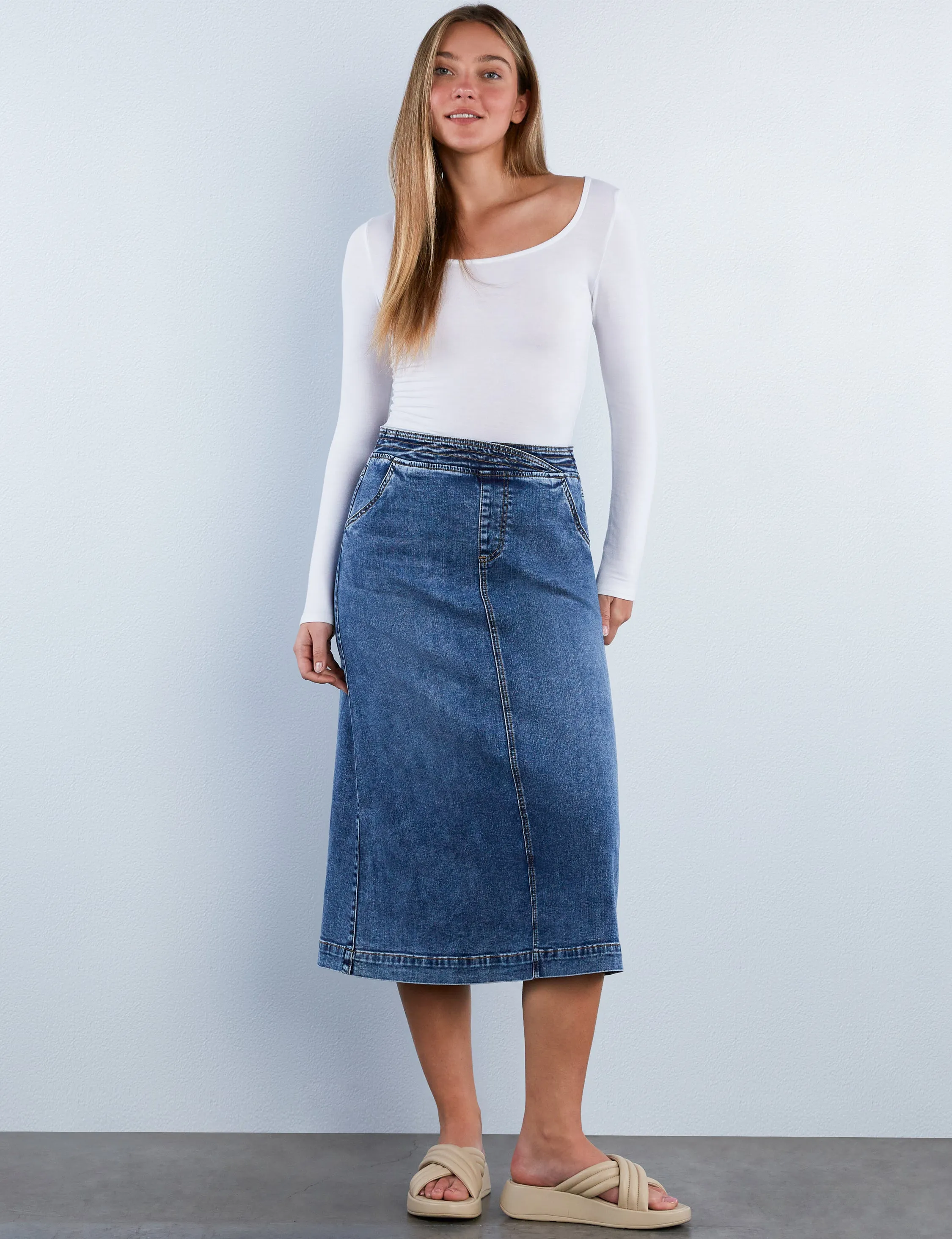 Elastic Back Denim Midi Skirt
