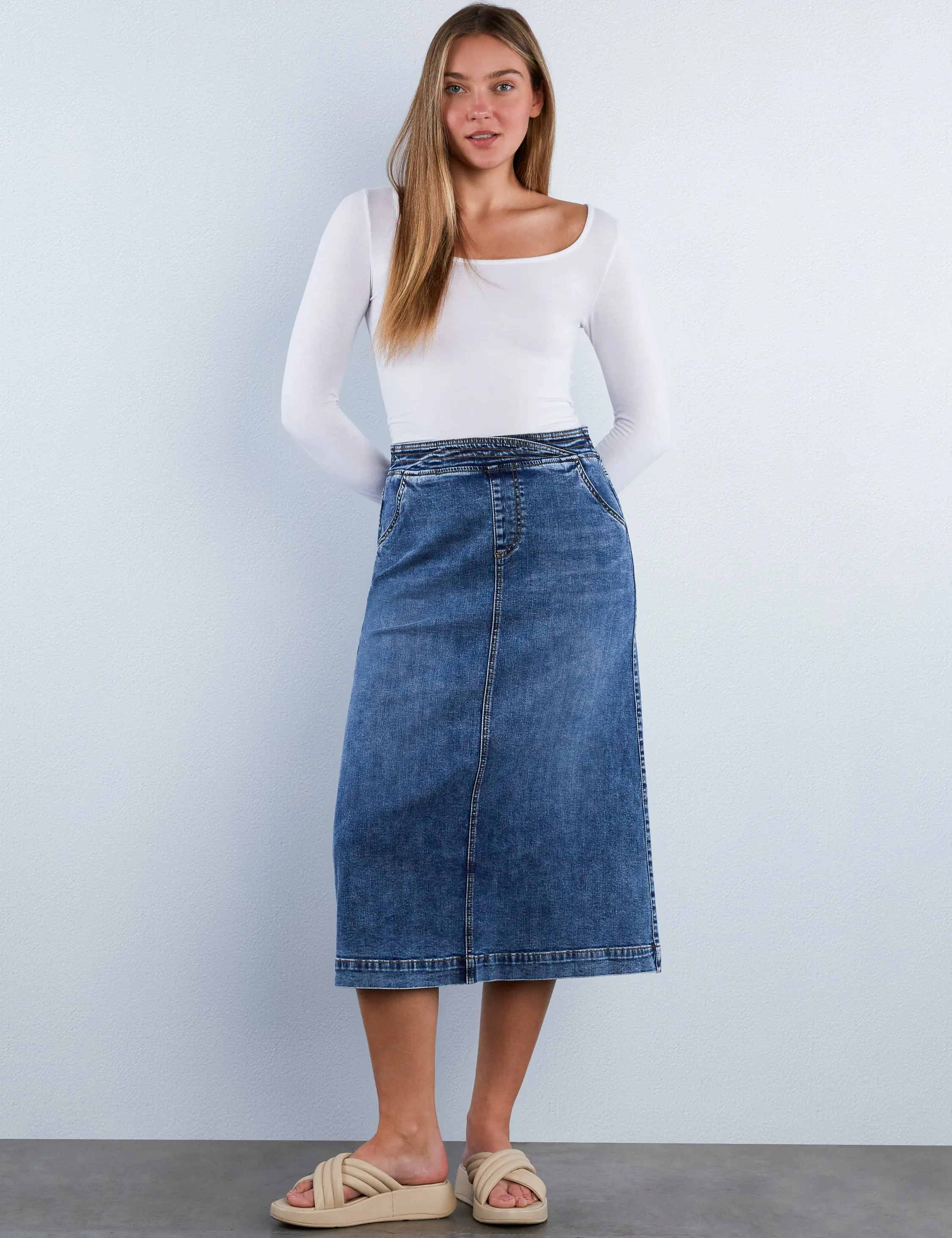 Elastic Back Denim Midi Skirt