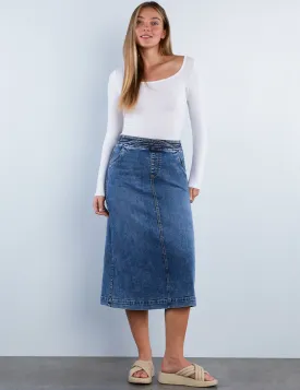 Elastic Back Denim Midi Skirt