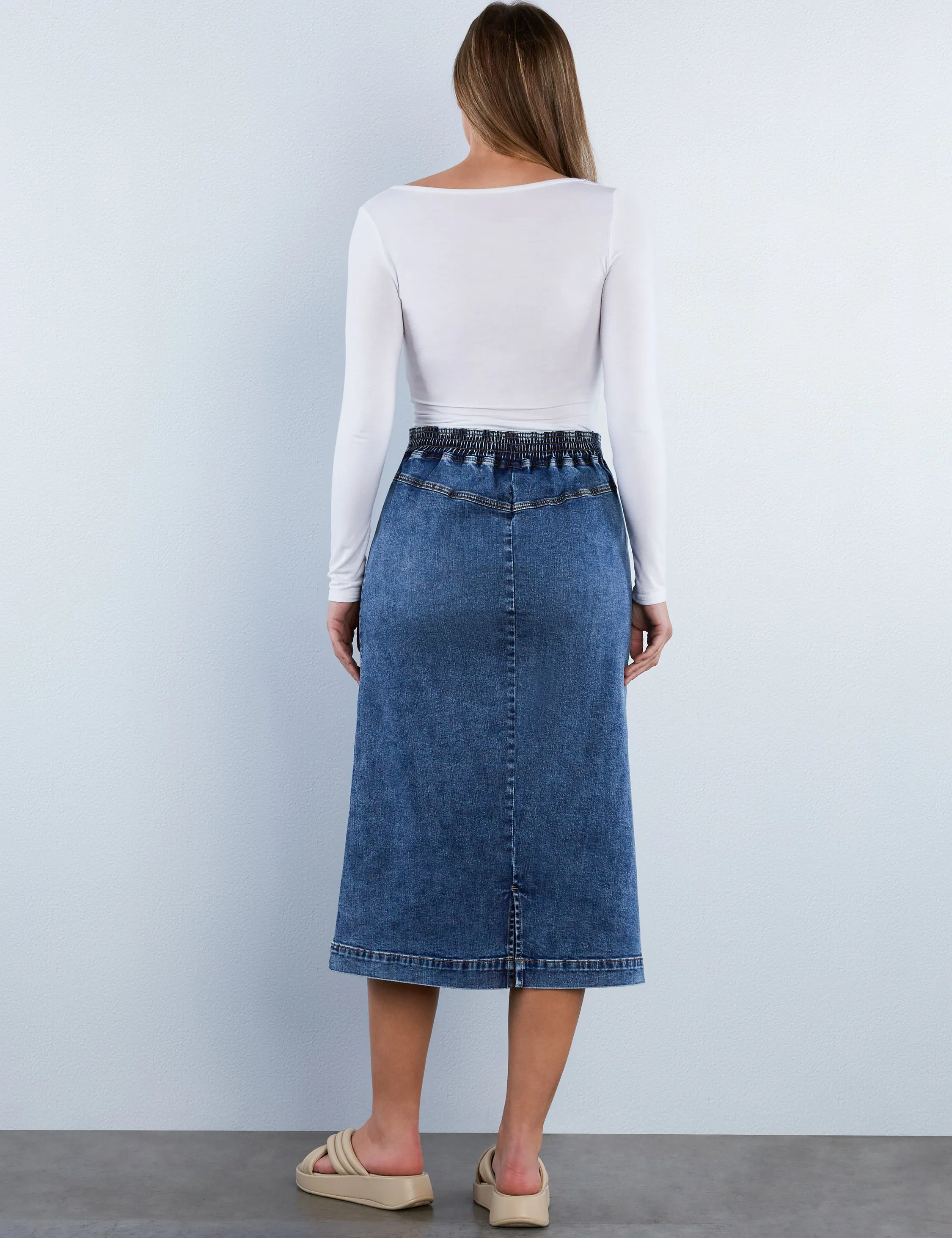Elastic Back Denim Midi Skirt