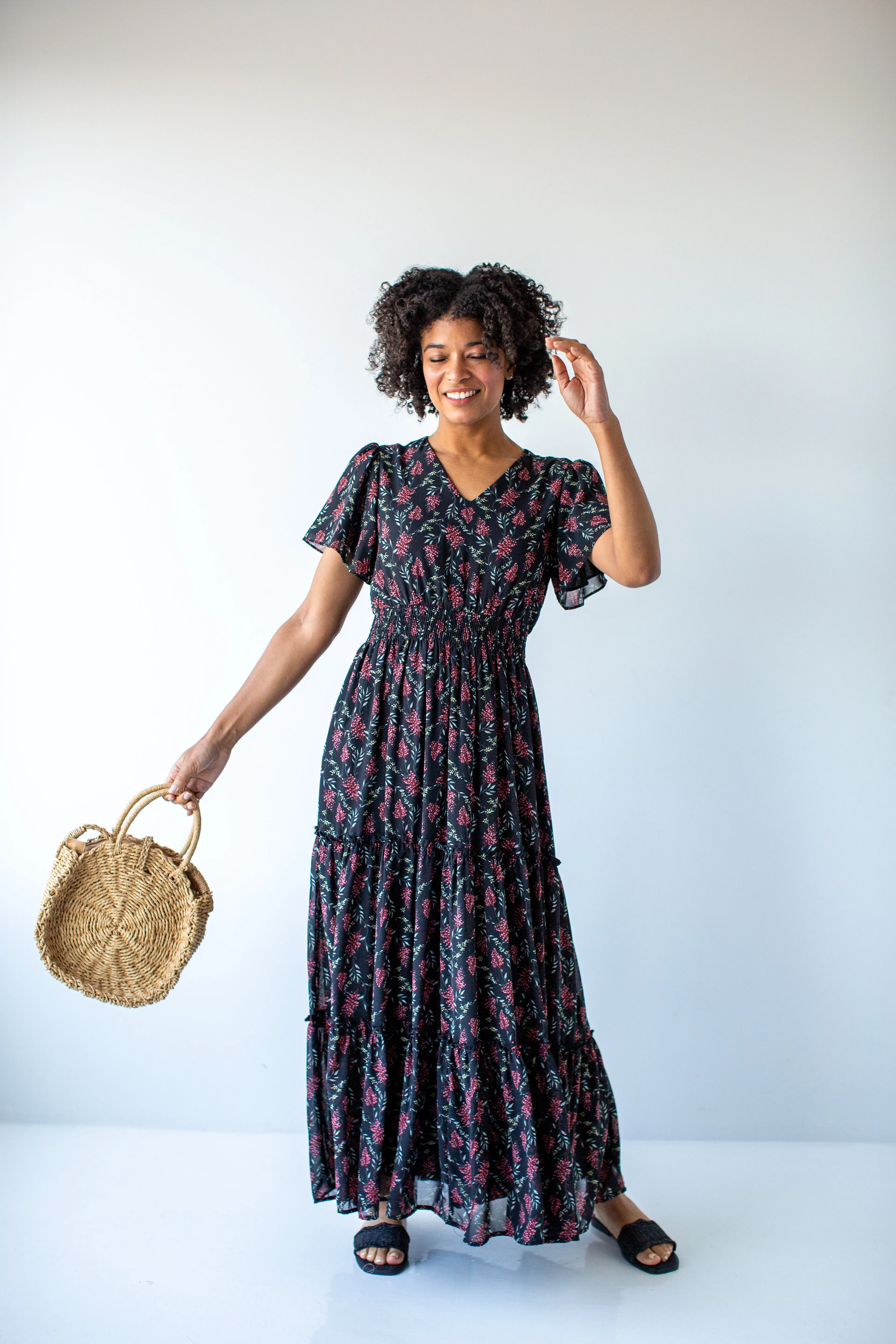 'Elizabeth' Botanical Print Tiered Maxi Dress in Black