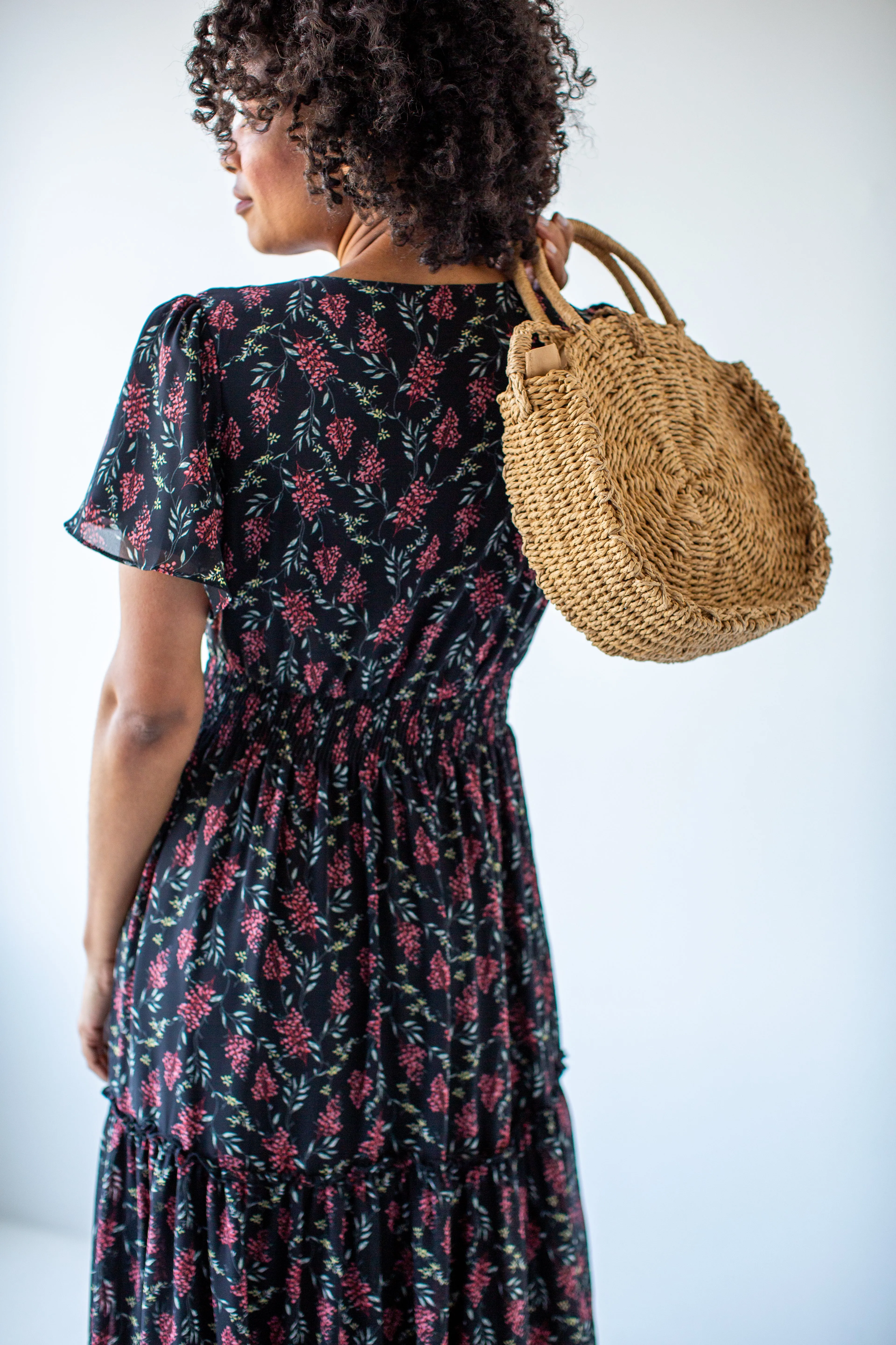 'Elizabeth' Botanical Print Tiered Maxi Dress in Black