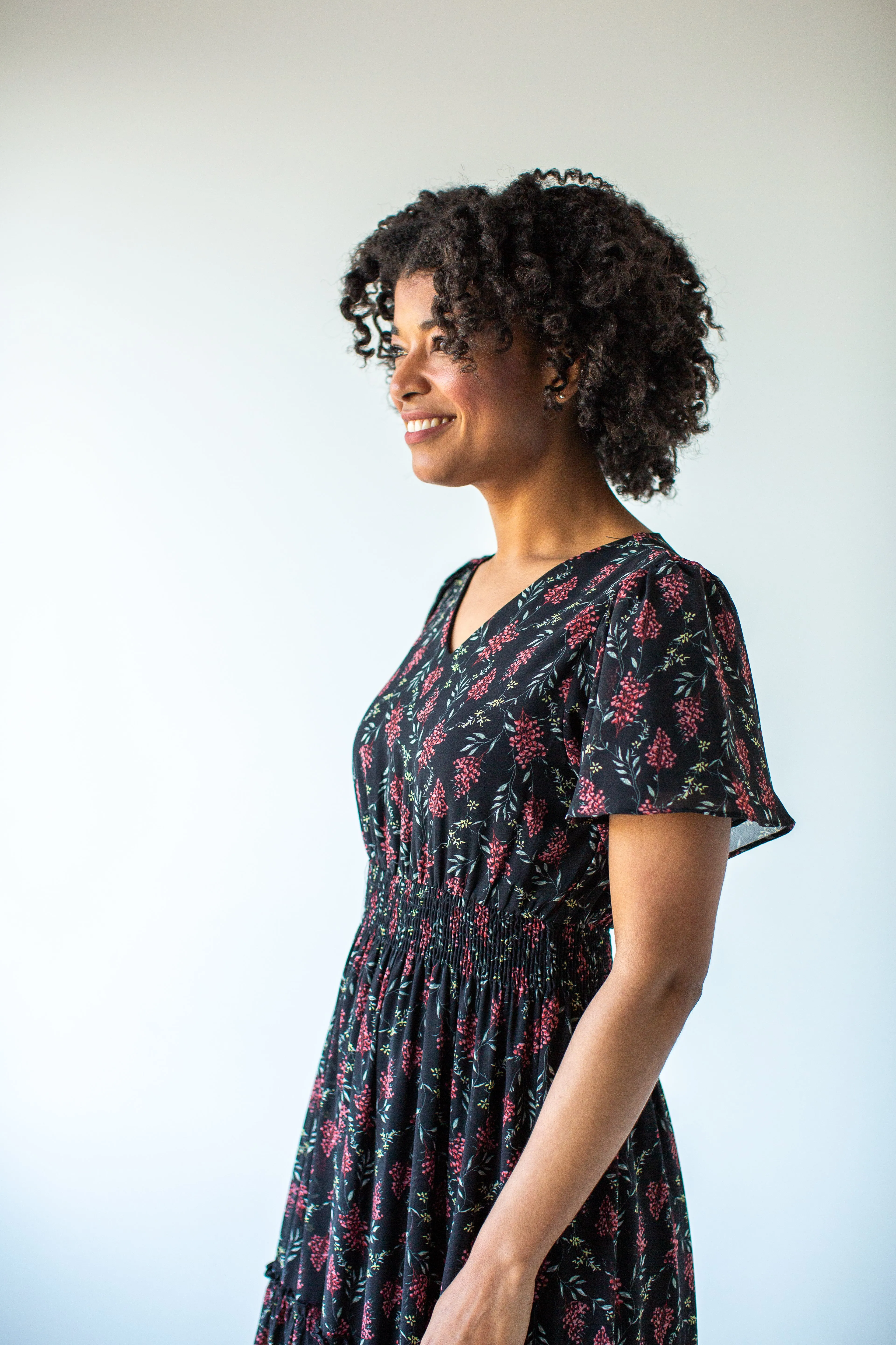 'Elizabeth' Botanical Print Tiered Maxi Dress in Black