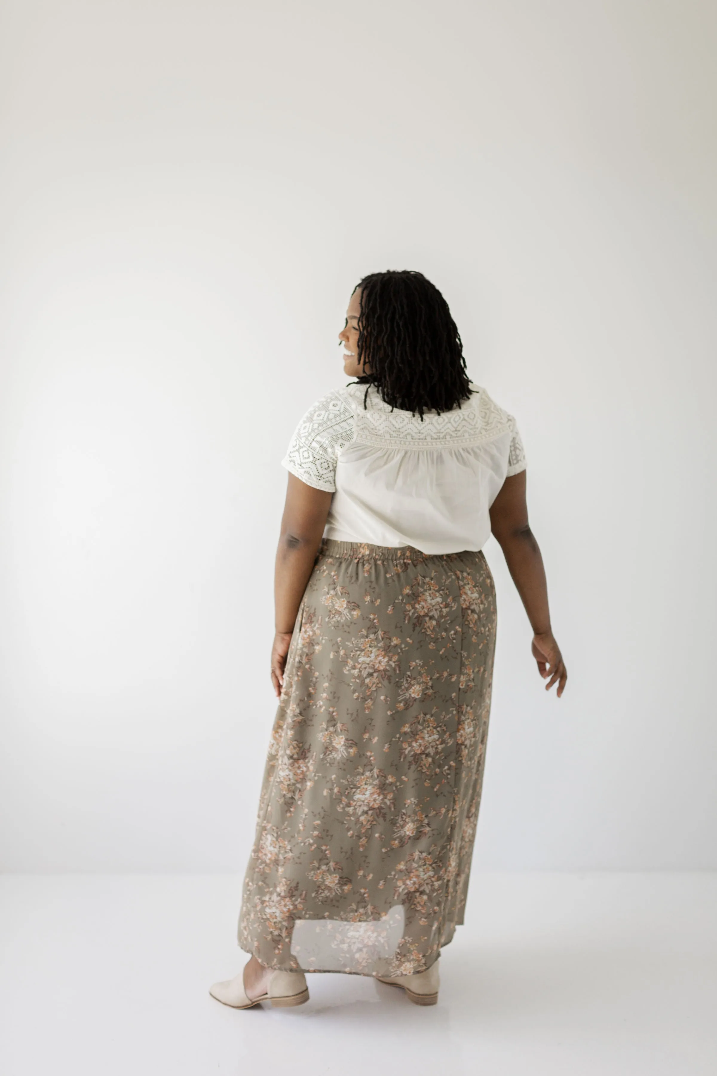'Evangeline' Floral Print Midi Skirt in Moss
