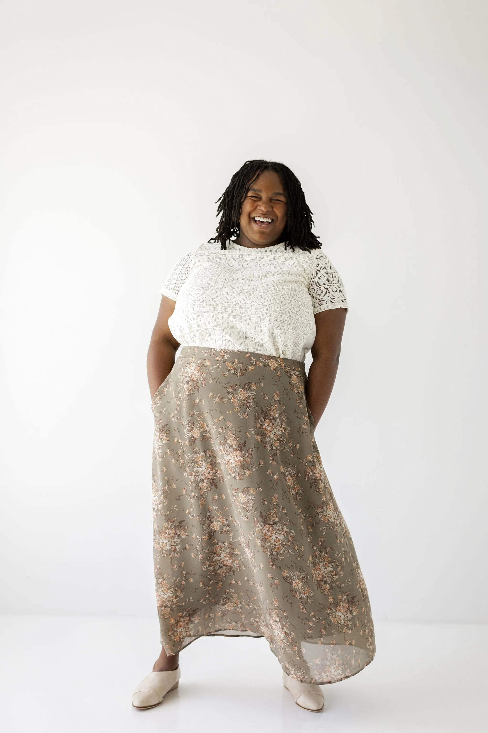 'Evangeline' Floral Print Midi Skirt in Moss