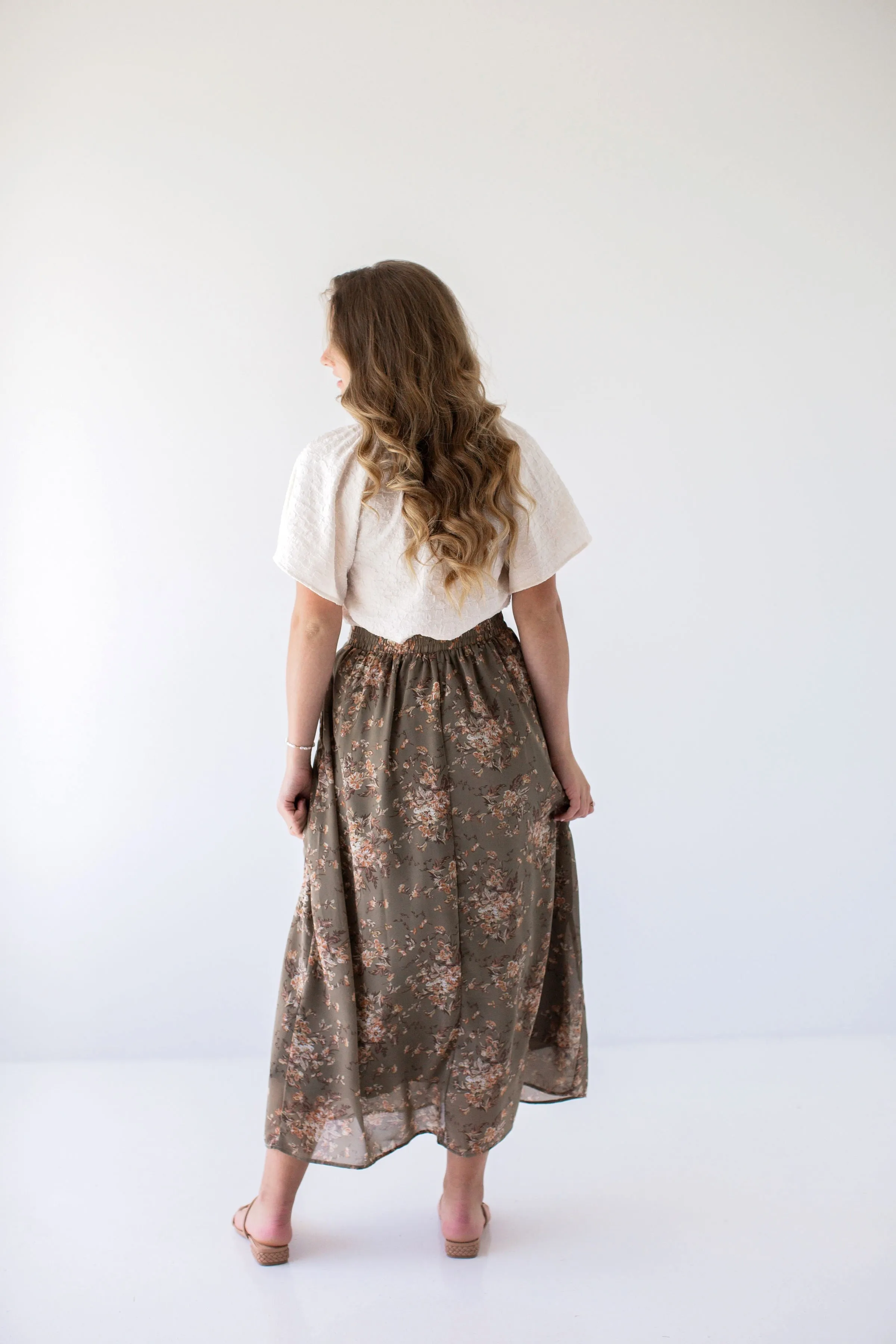 'Evangeline' Floral Print Midi Skirt in Moss