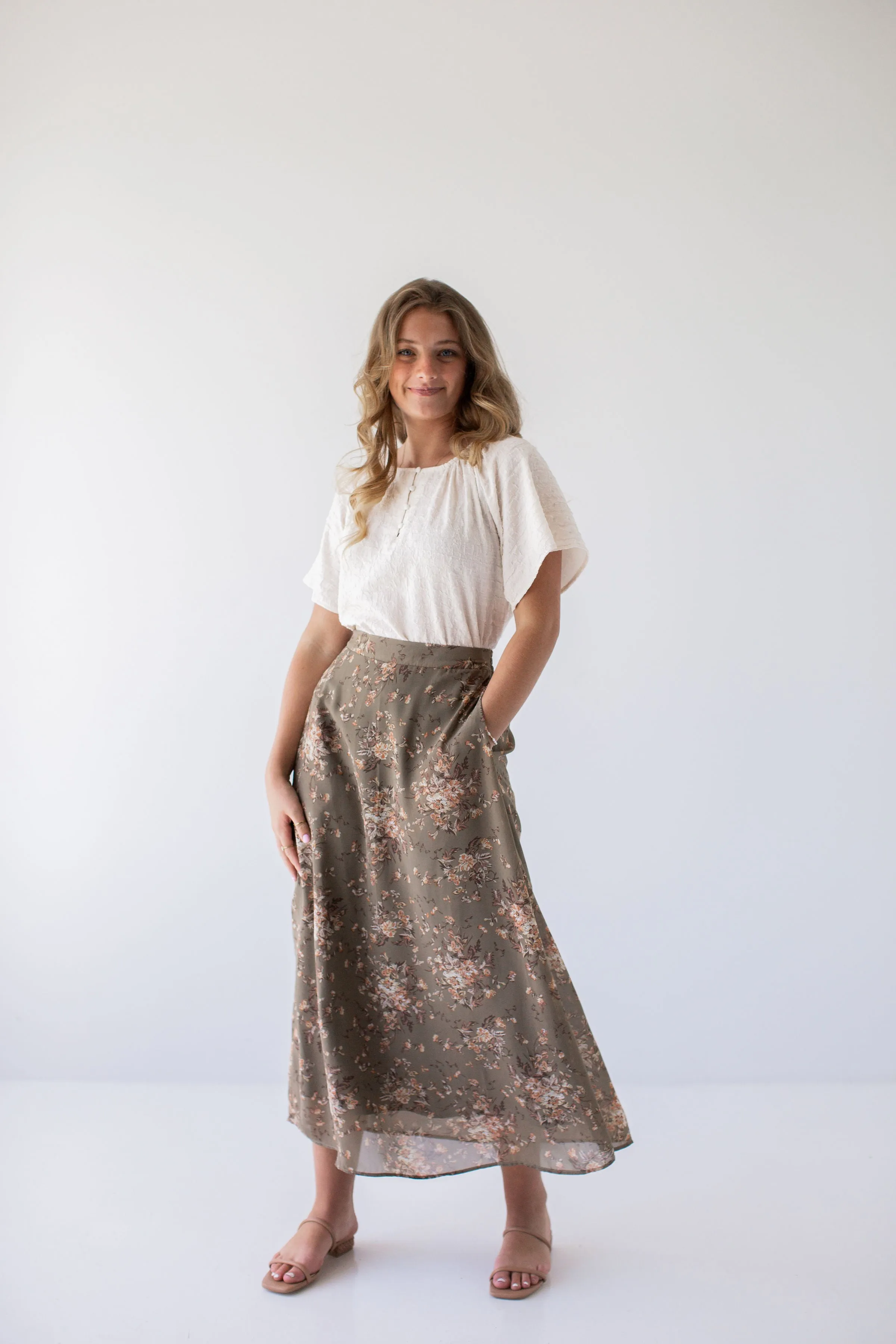 'Evangeline' Floral Print Midi Skirt in Moss