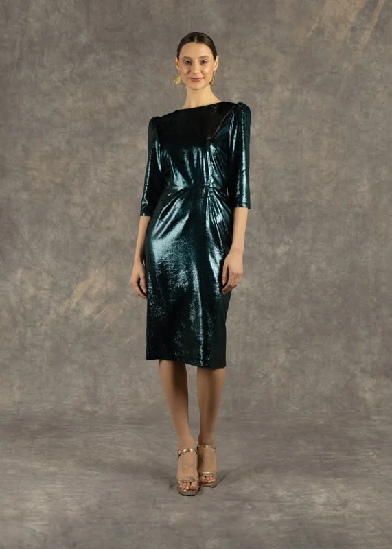 Fee G Cora Fitted Green Velvet Midi Dress
