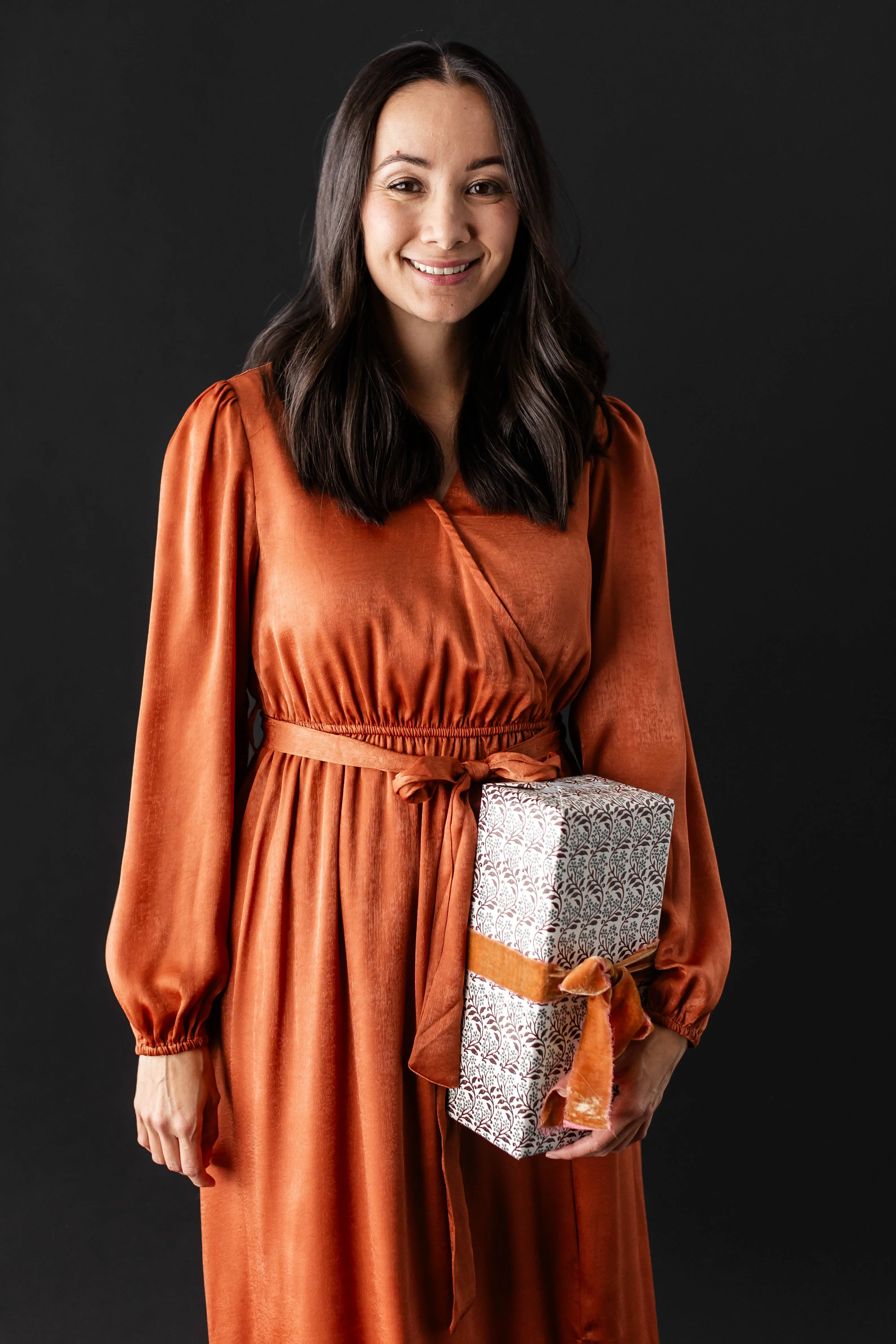 'Guinevere' Brushed Satin Surplice Dress in Rust FINAL SALE