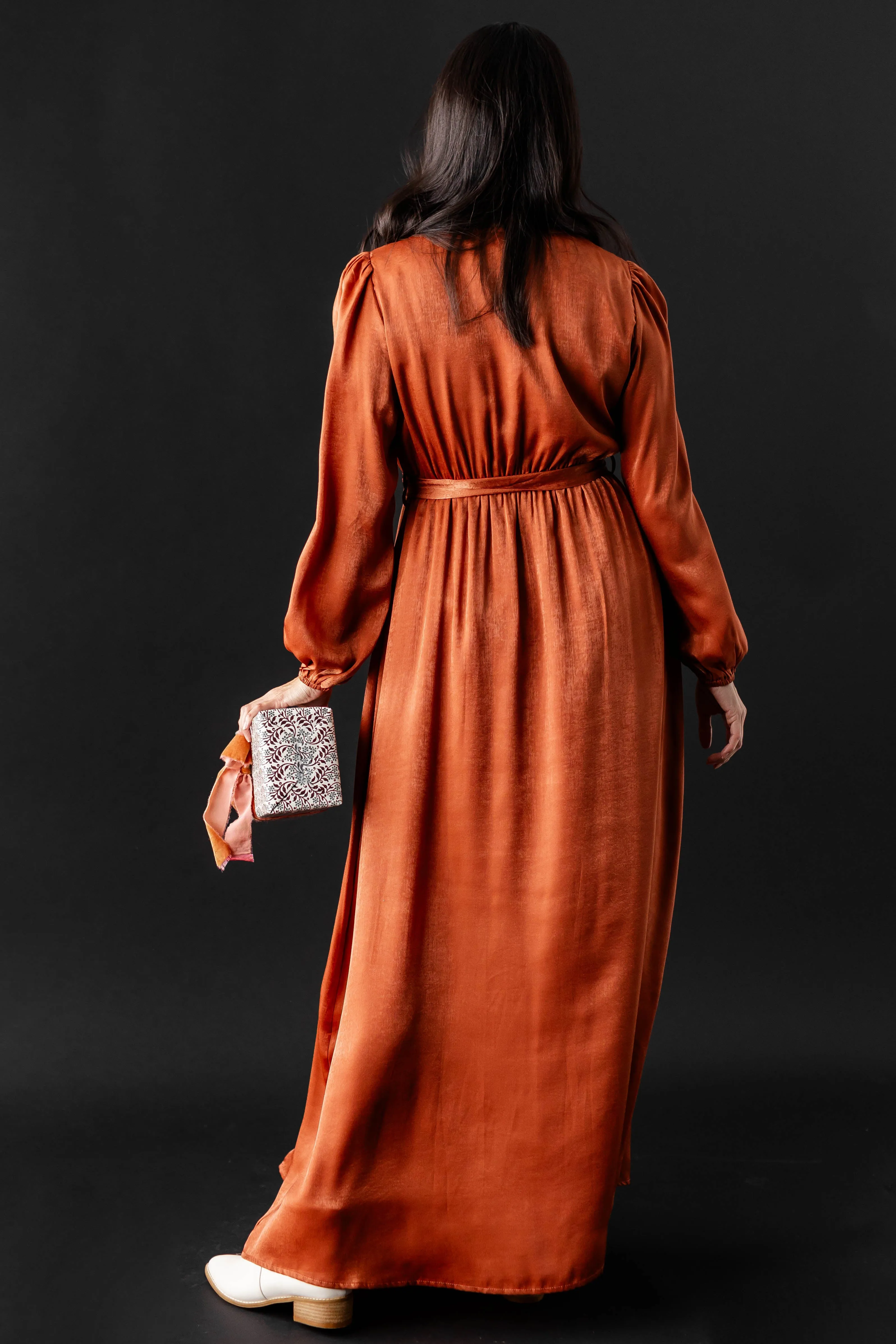 'Guinevere' Brushed Satin Surplice Dress in Rust FINAL SALE