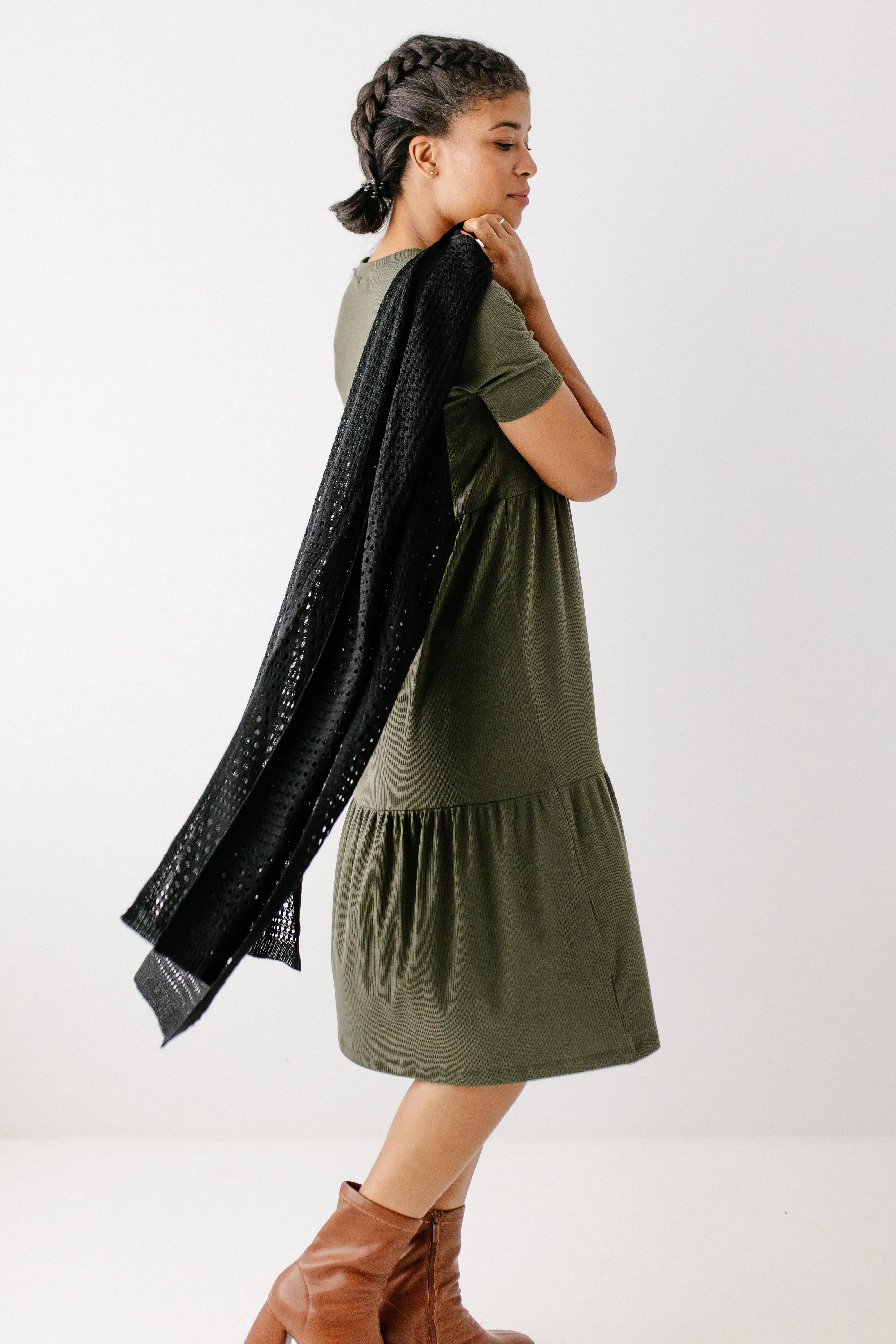 'Josie' Ribbed Tiered Midi Dress in Deep Olive
