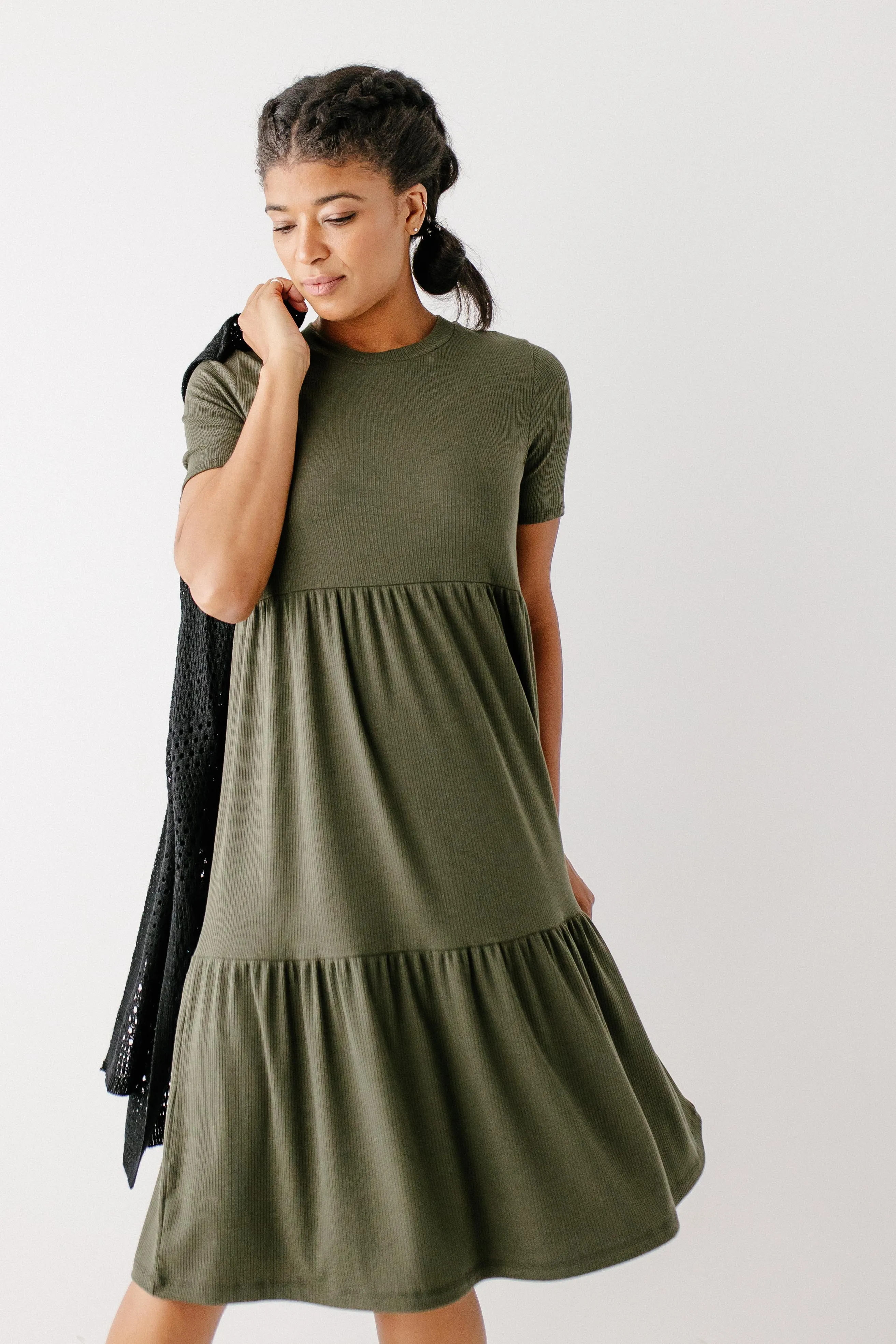 'Josie' Ribbed Tiered Midi Dress in Deep Olive