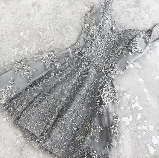 Kateprom A line Spaghetti Straps Short Mini Prom Dress Silver Sequins Cocktail Dress Homecoming Dress KPH0590