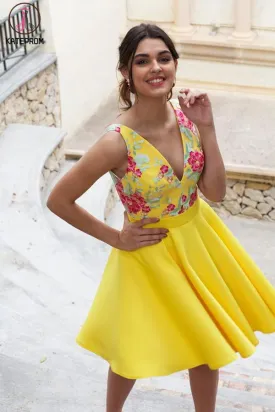 Kateprom Yellow Floral Satin Illusion Back Daffodil V Neck Homecoming Dresses Short Cocktail Dresses KPH0543