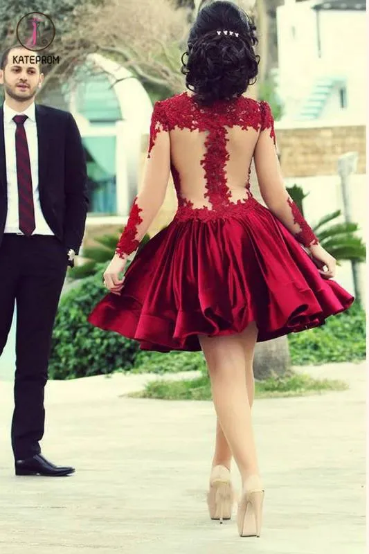 Knee Length Homecoming Dresses with Appliques,See-through Long Sleeve Cocktail Dresses KPH0140