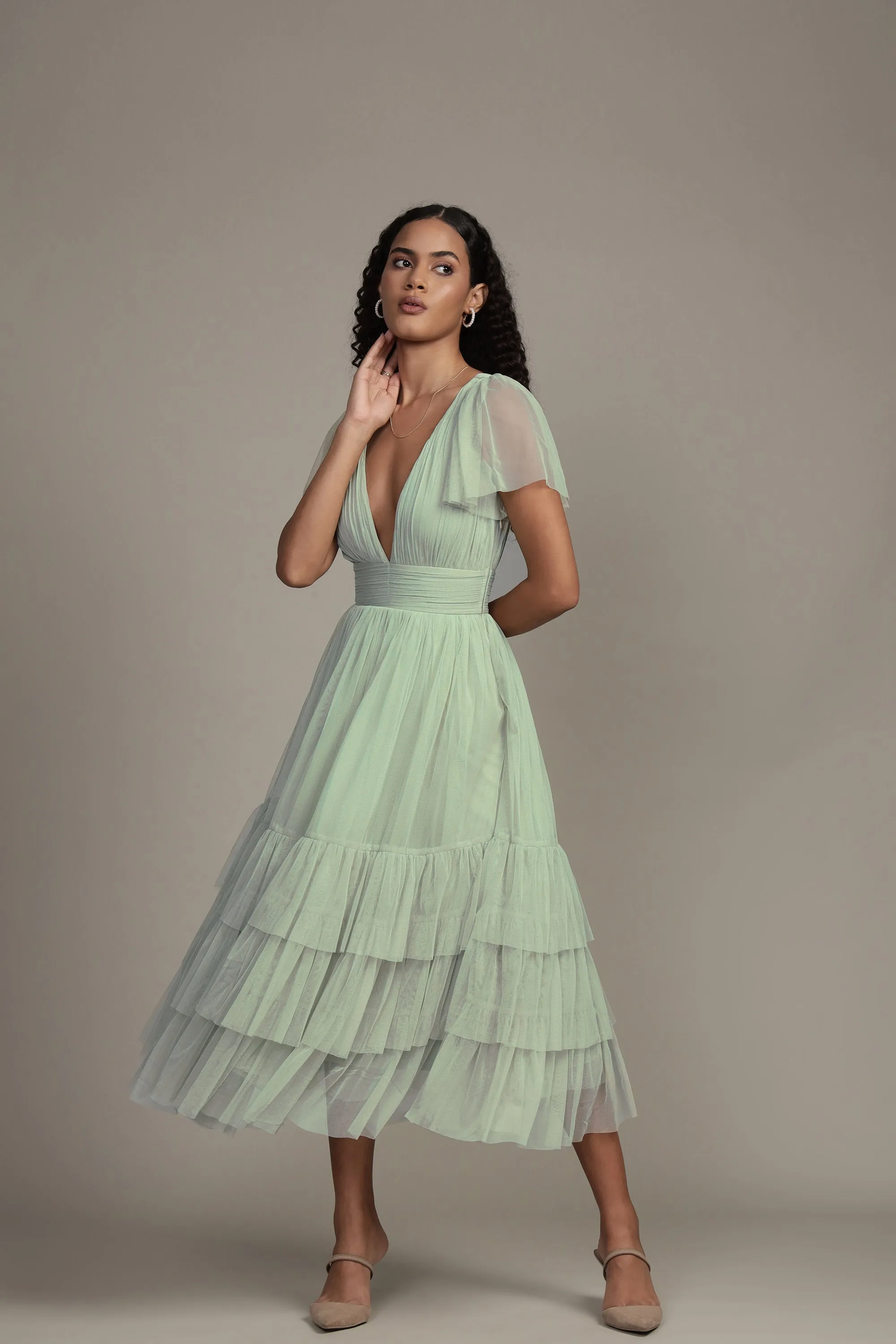 Madison Sage Green Tulle Bridesmaid Midi Dress