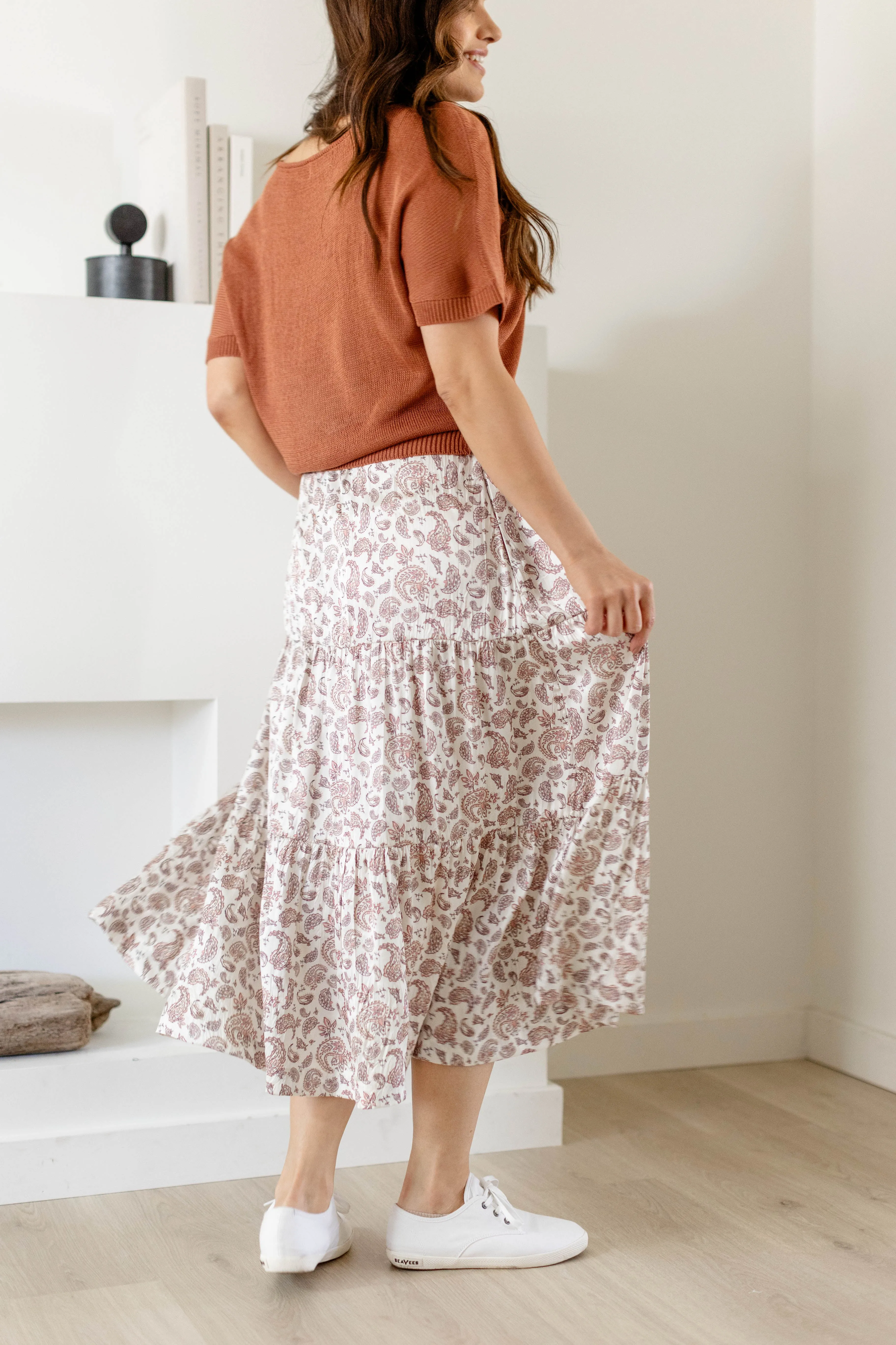 'Marilyn' Paisley Print Satin Midi Skirt in Off White FINAL SALE