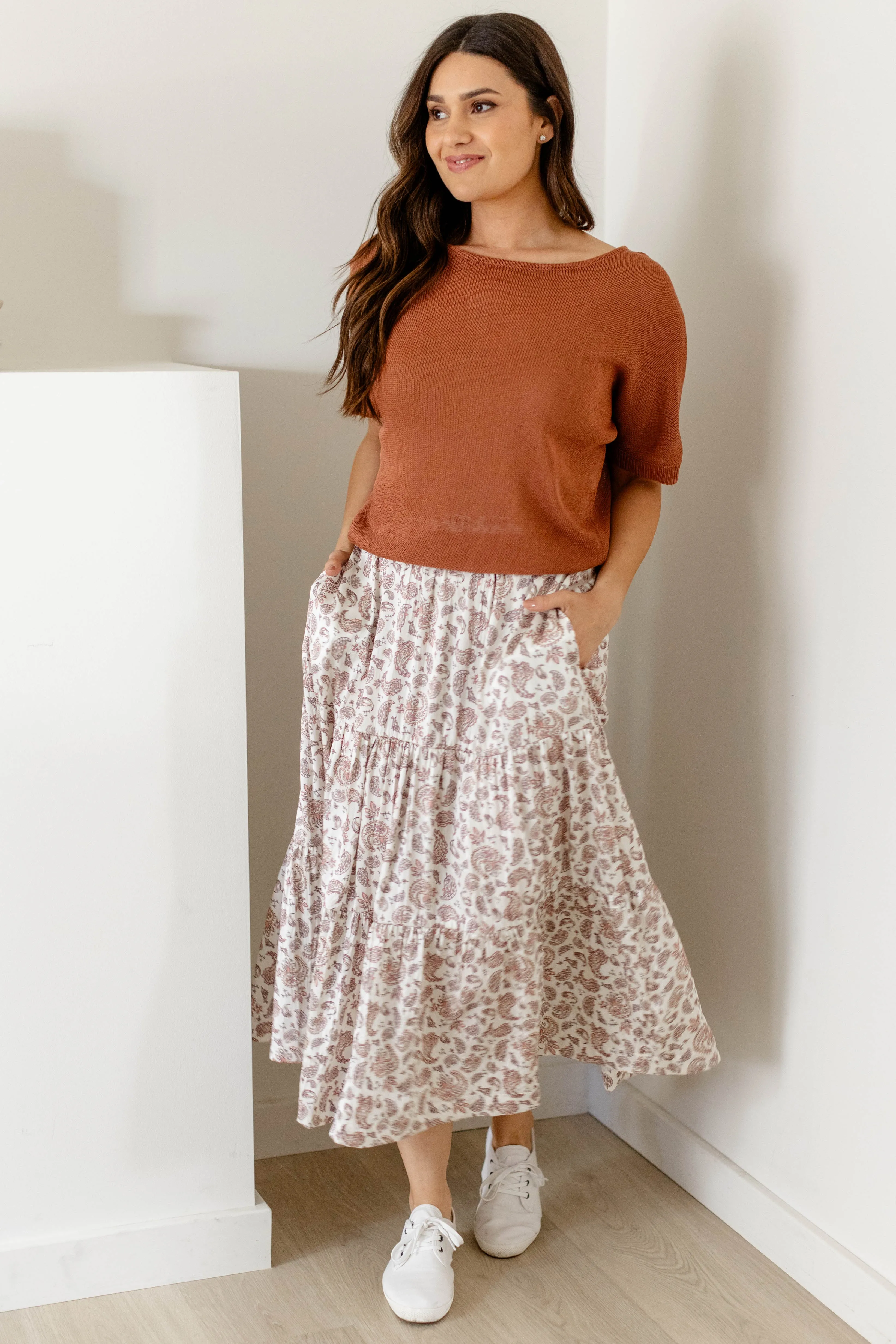 'Marilyn' Paisley Print Satin Midi Skirt in Off White FINAL SALE