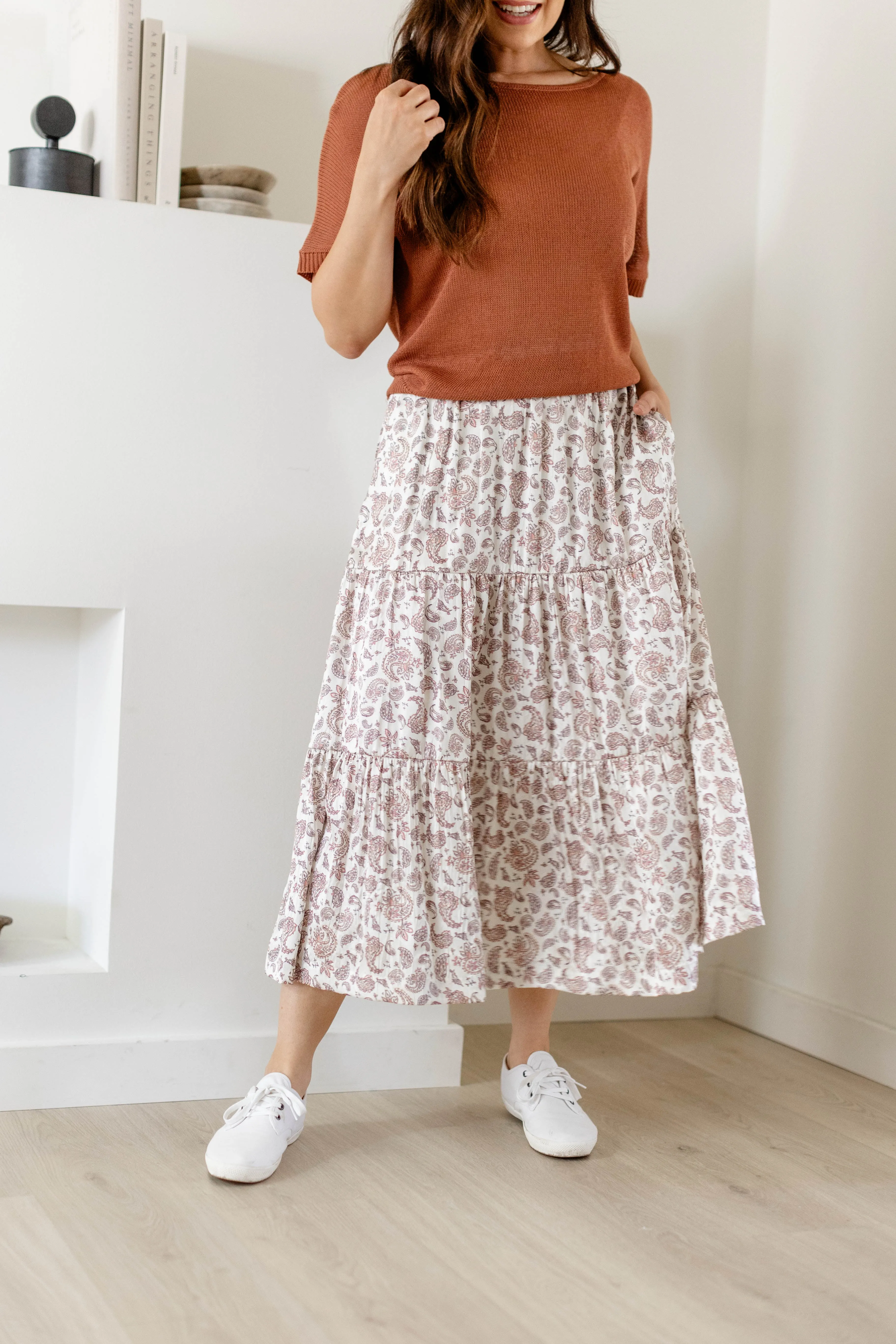 'Marilyn' Paisley Print Satin Midi Skirt in Off White FINAL SALE