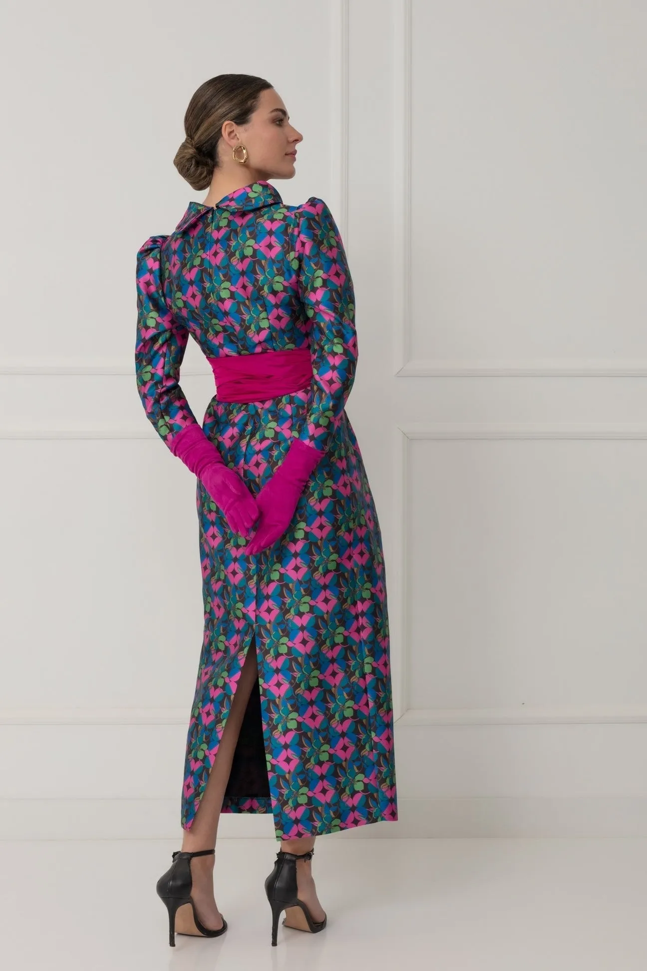 Matilde Cano Blue/Pink Floral Print Maxi Dress With Bow Waist