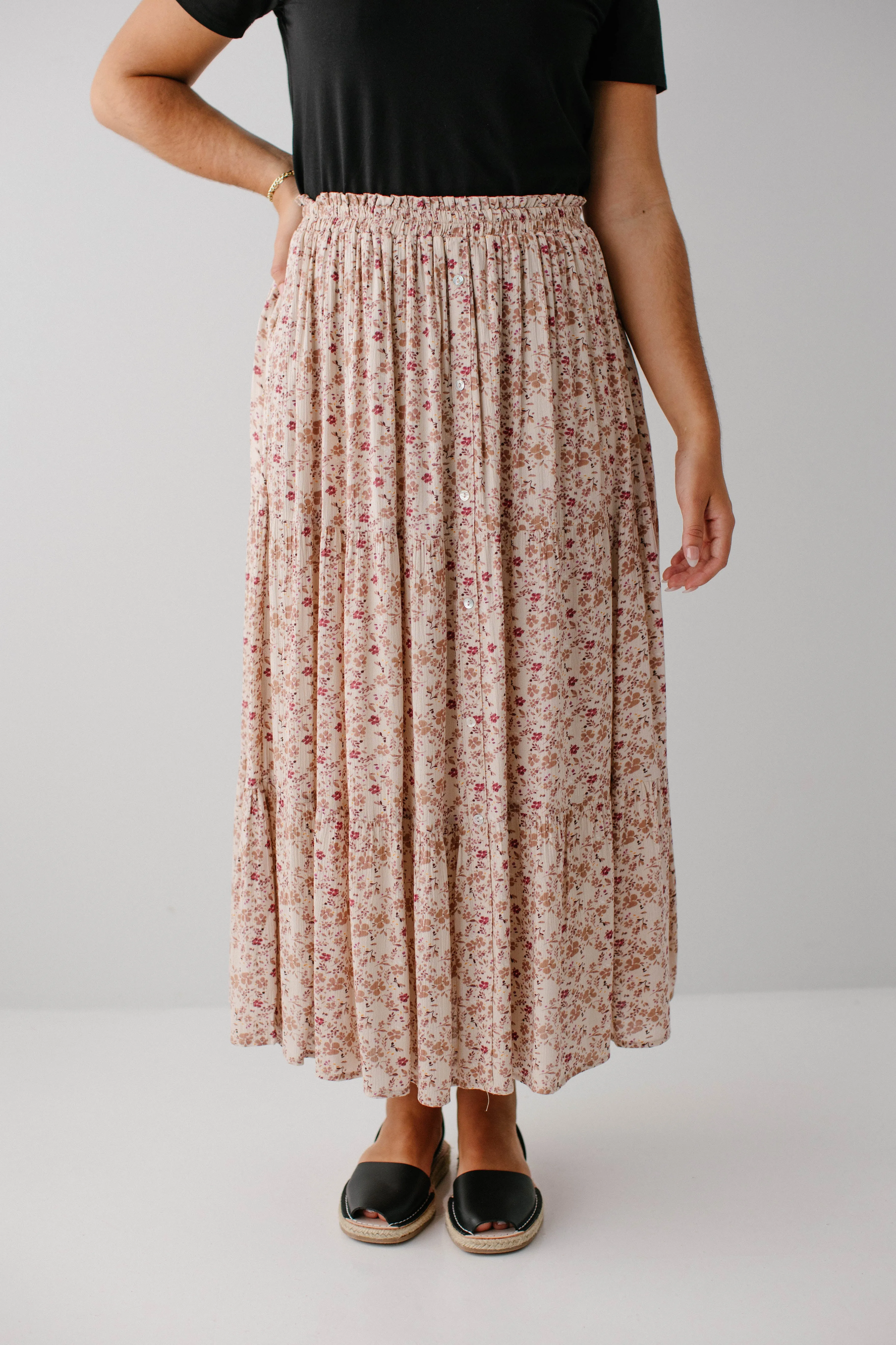 'Meredith' Multi Floral Midi Skirt in Beige