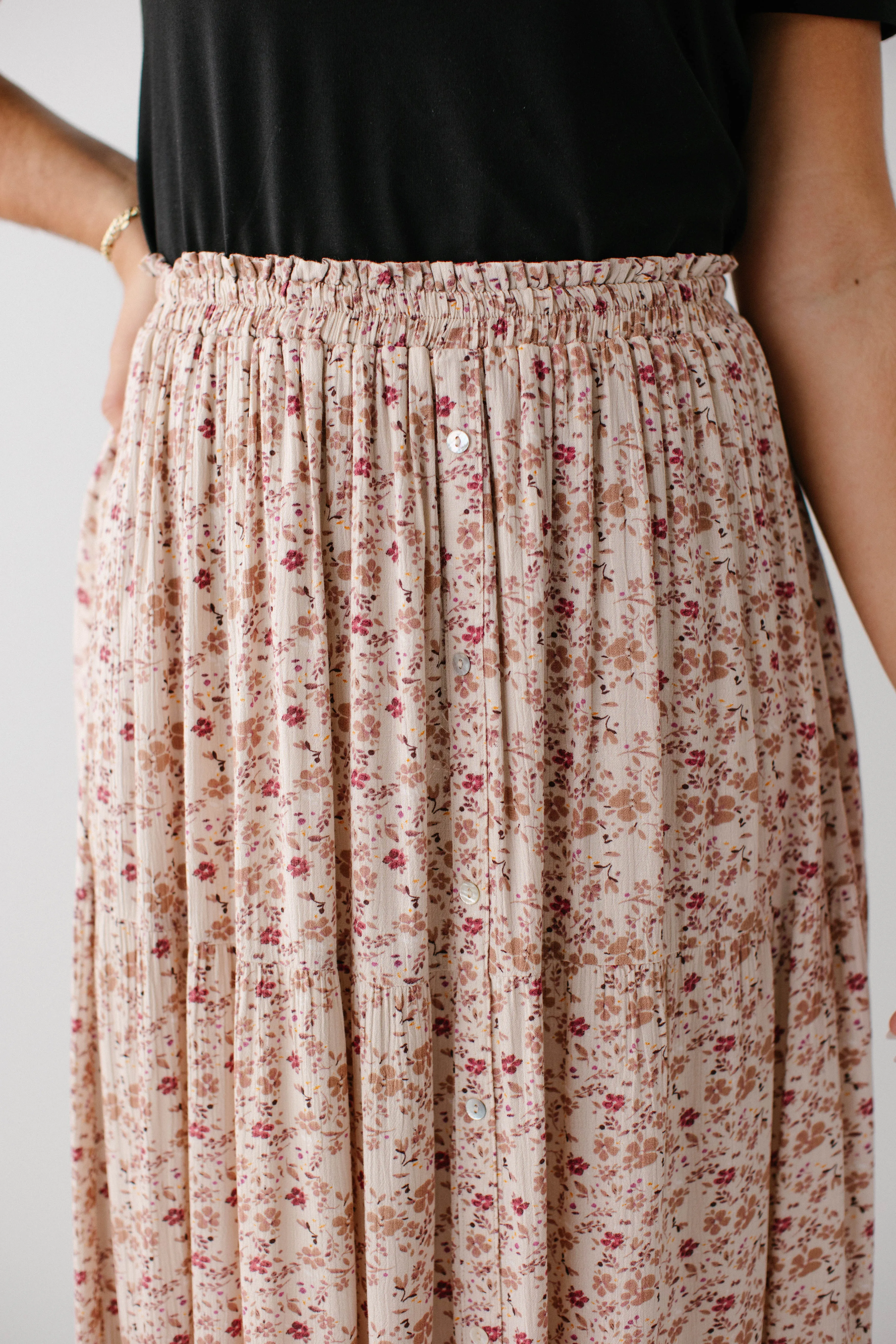 'Meredith' Multi Floral Midi Skirt in Beige