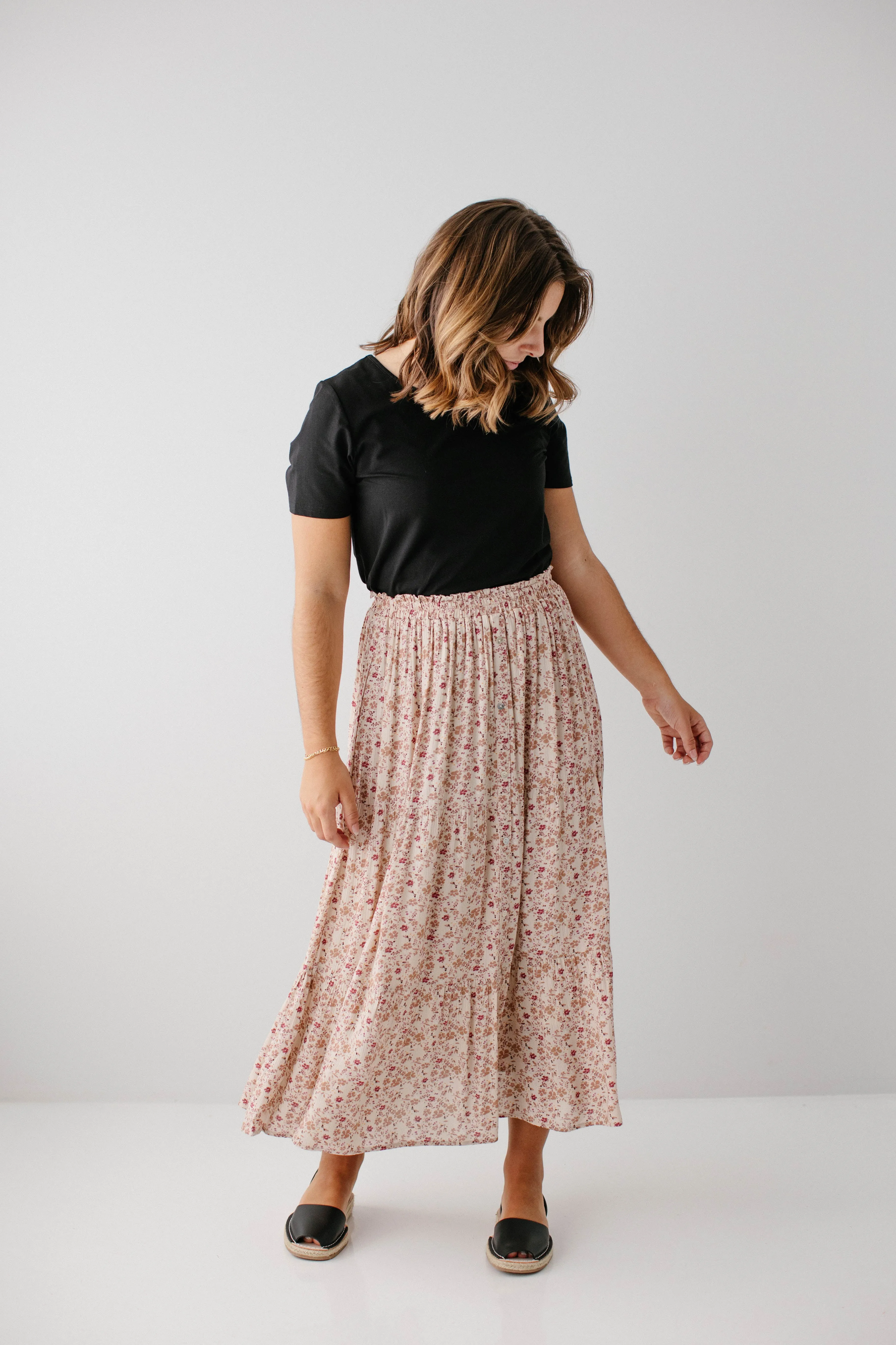 'Meredith' Multi Floral Midi Skirt in Beige