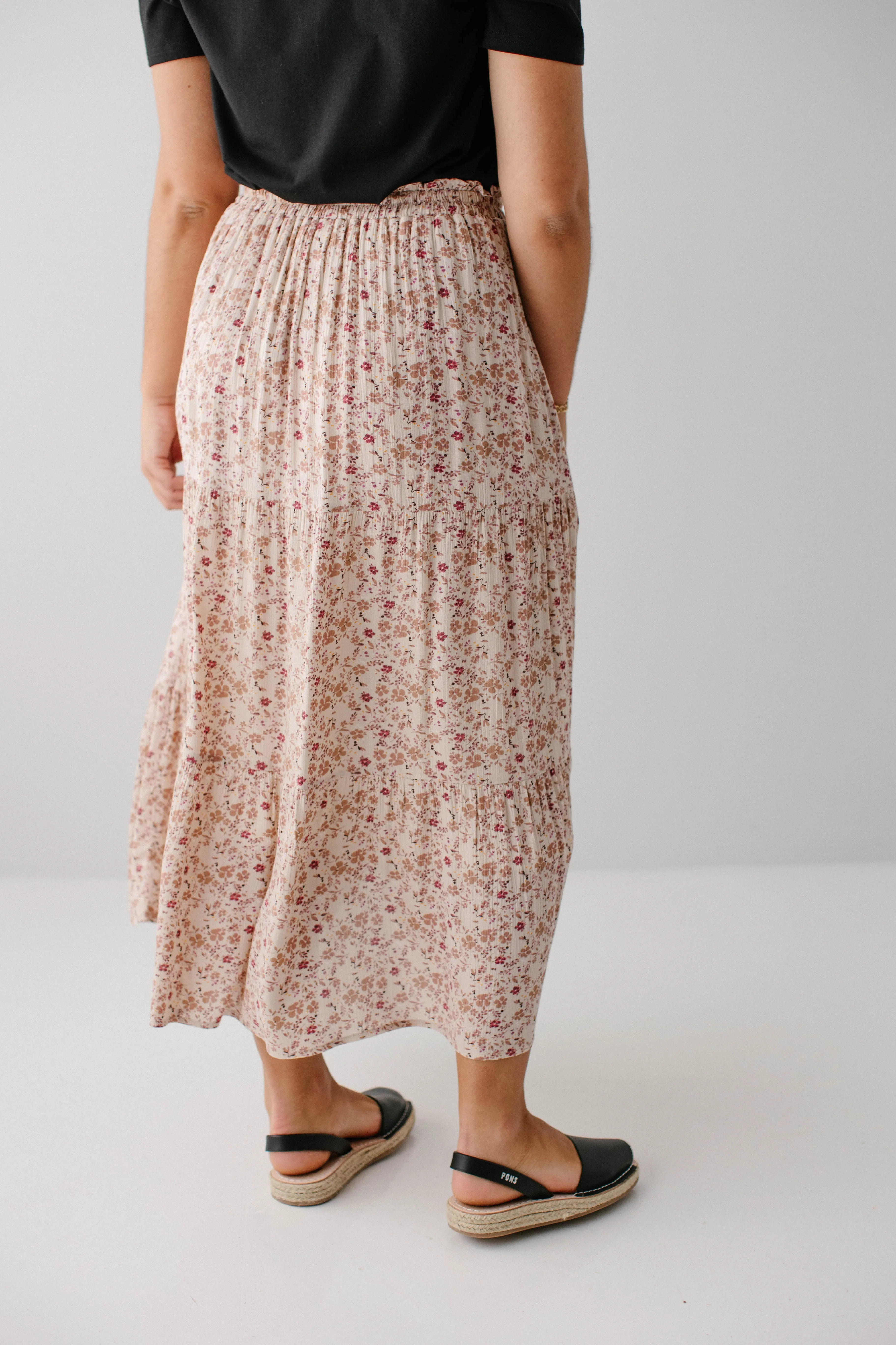 'Meredith' Multi Floral Midi Skirt in Beige