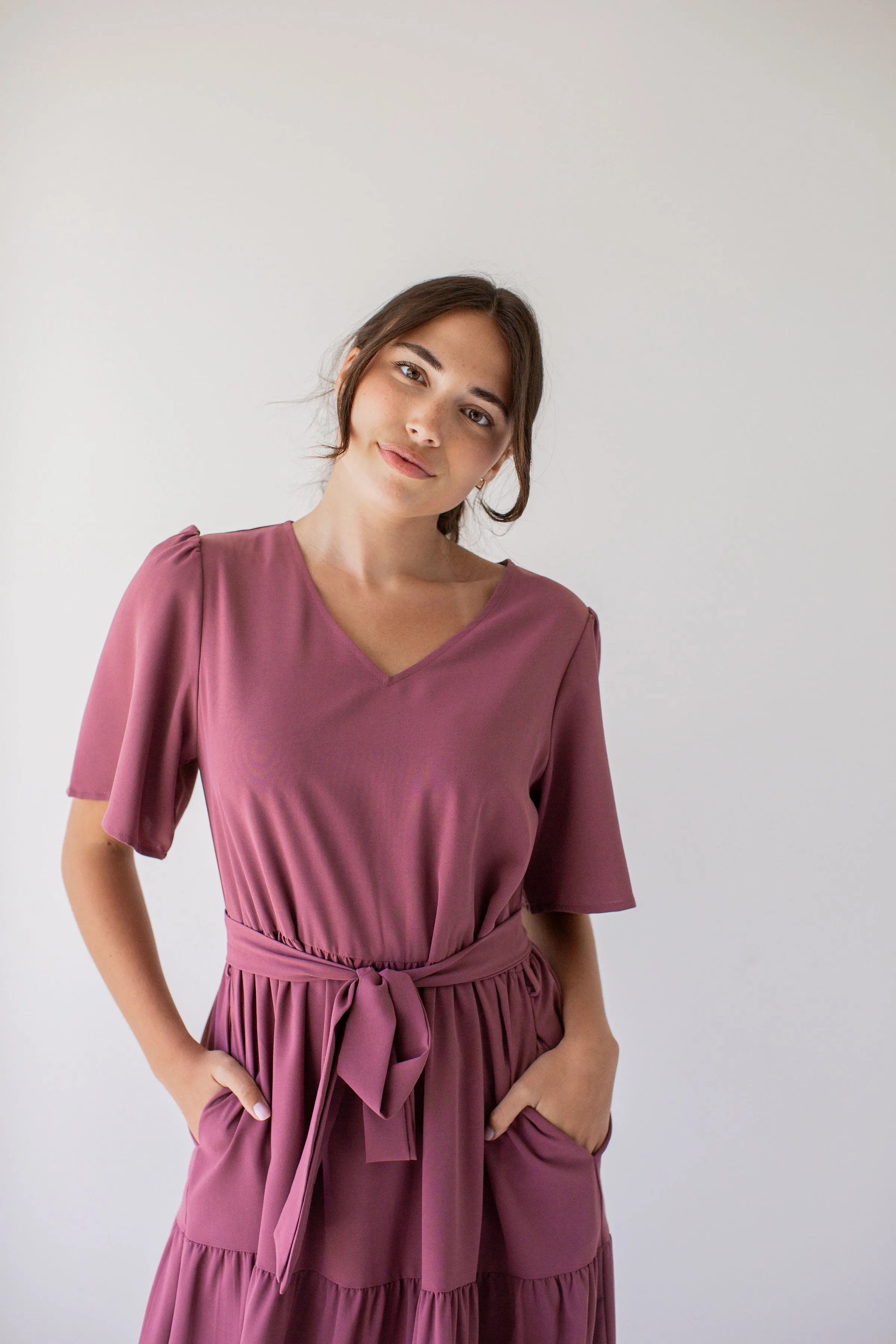 'Misti' Tiered Embroidered Detail Midi Dress in Dusty Plum